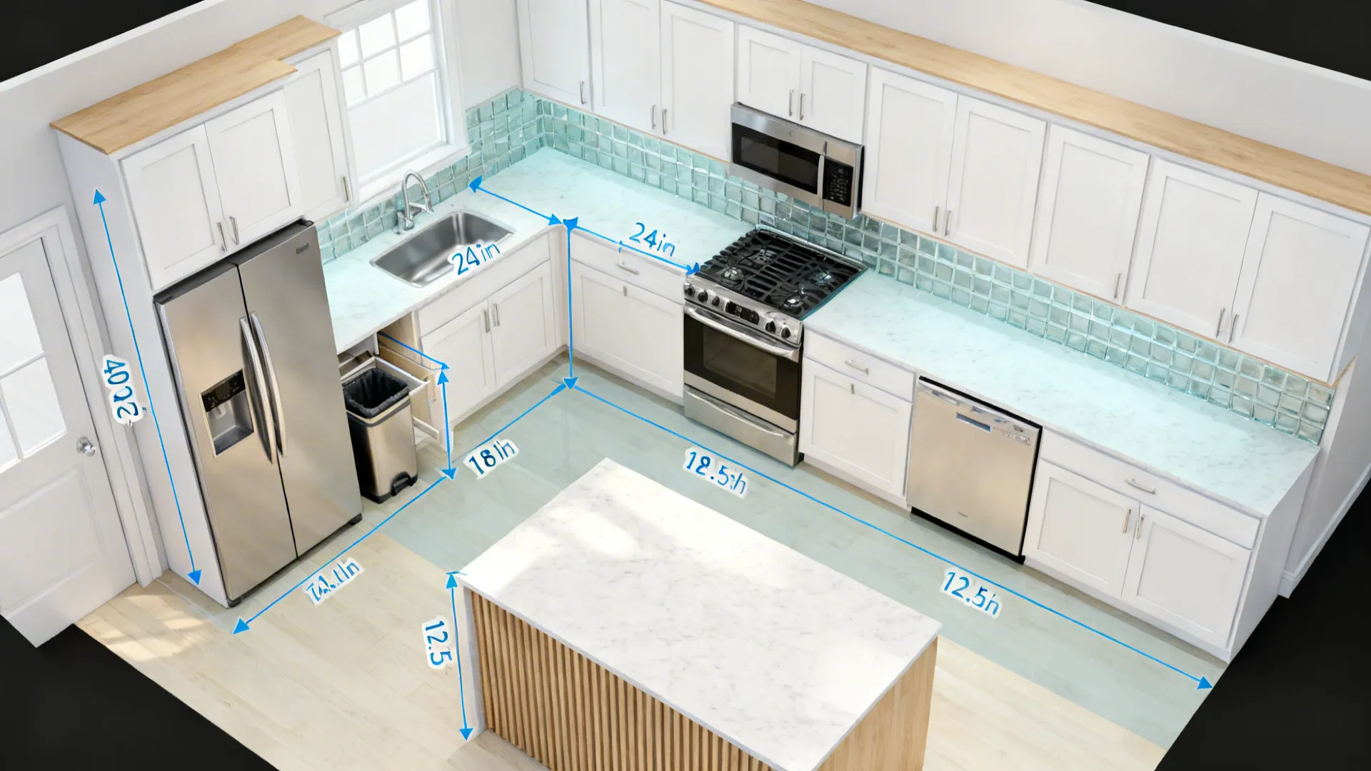 Top-down 6 by 11 kitchen plan showing zones, clearances, and landing areas