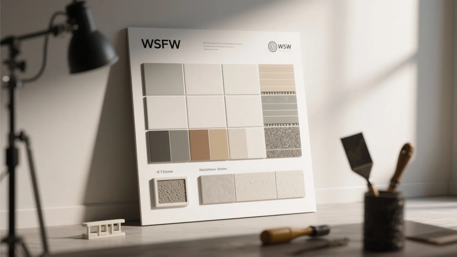Interior design board showing various tile samples in different colors and textures on a white wall
