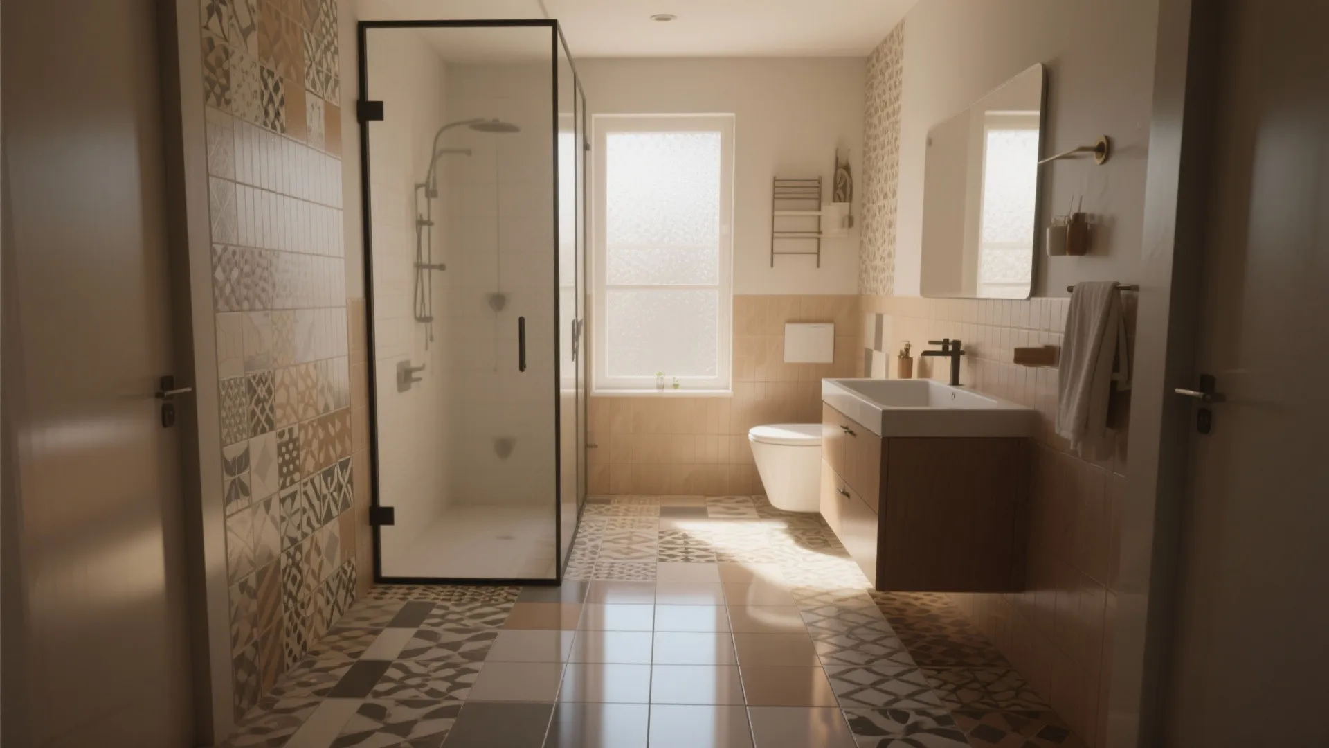 Modern bathroom with pattern wall tiles glass shower door wood cabinet sink and bright window light