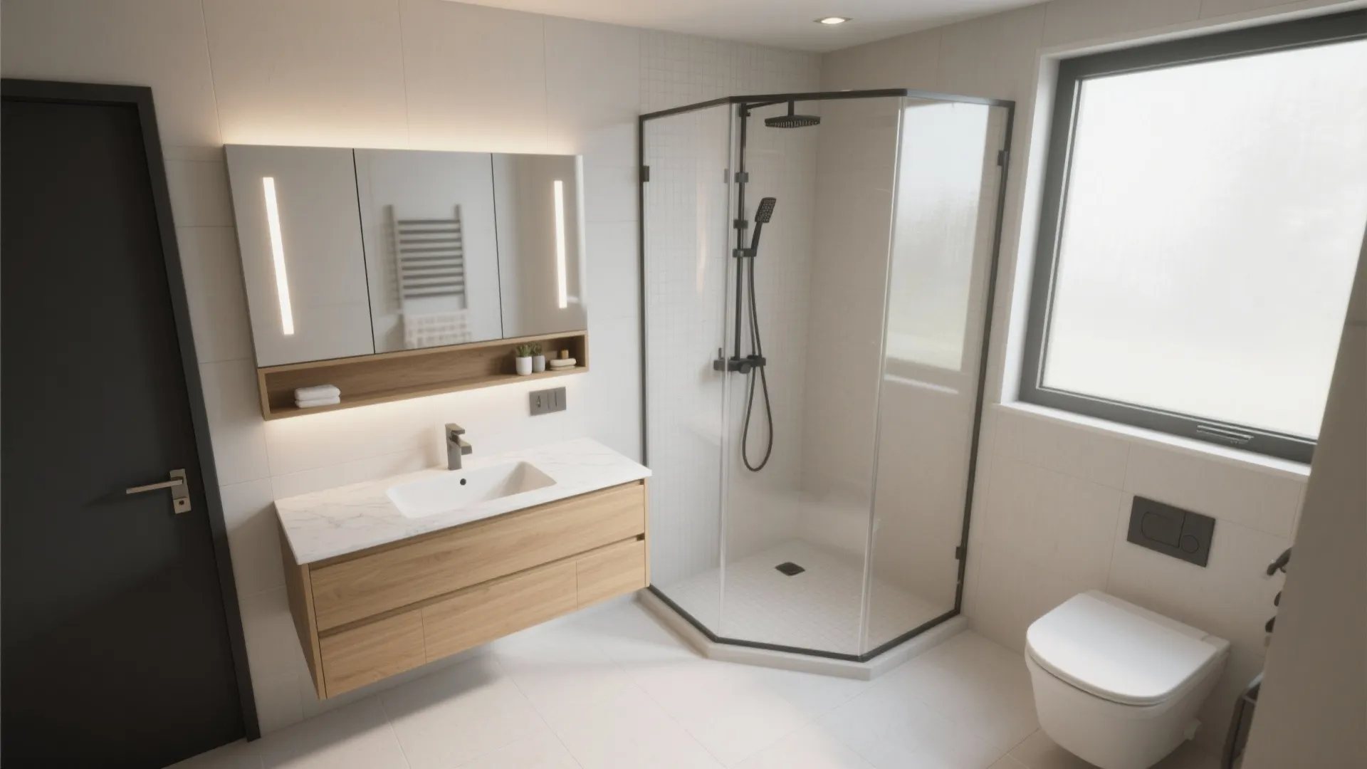 Complete bathroom interior with wood cabinet glass corner shower white toilet and large bright window