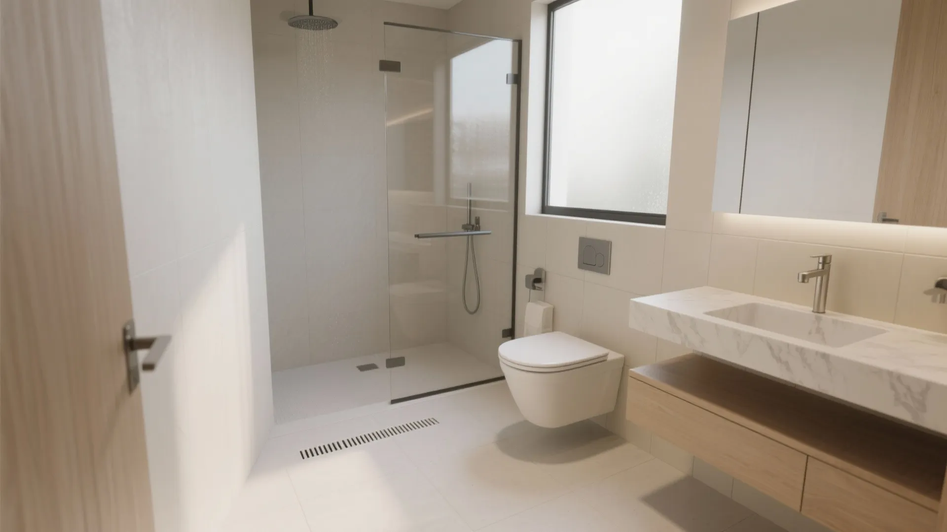 Modern bathroom interior featuring glass shower wall hung toilet marble sink and light wood cabinet