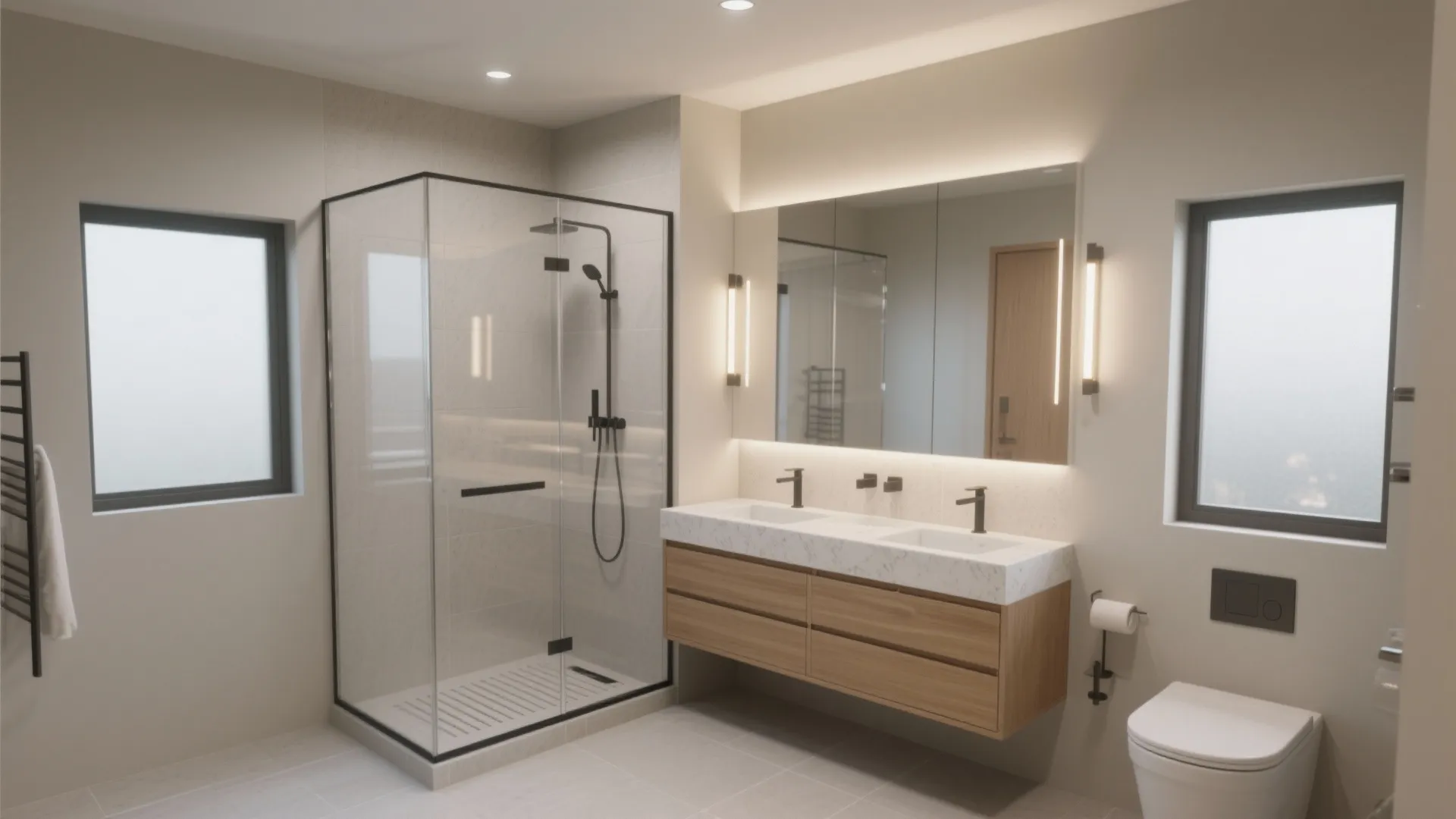 Modern bathroom interior design drawing with glass shower double sink wooden cabinet toilet and windows