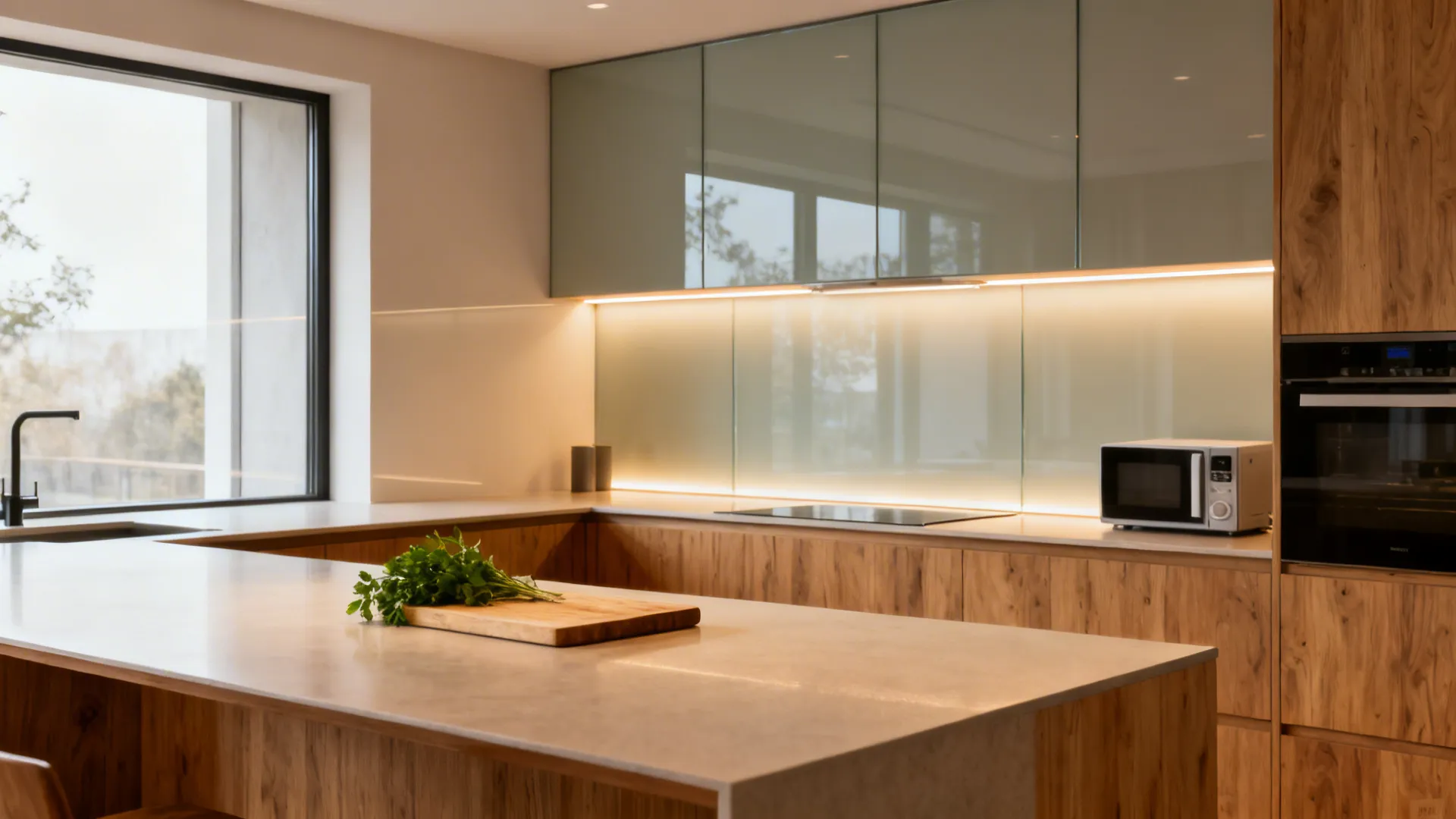Finished 6x6 L-shaped kitchen with glass backsplash, warm wood accents, and layered lighting.