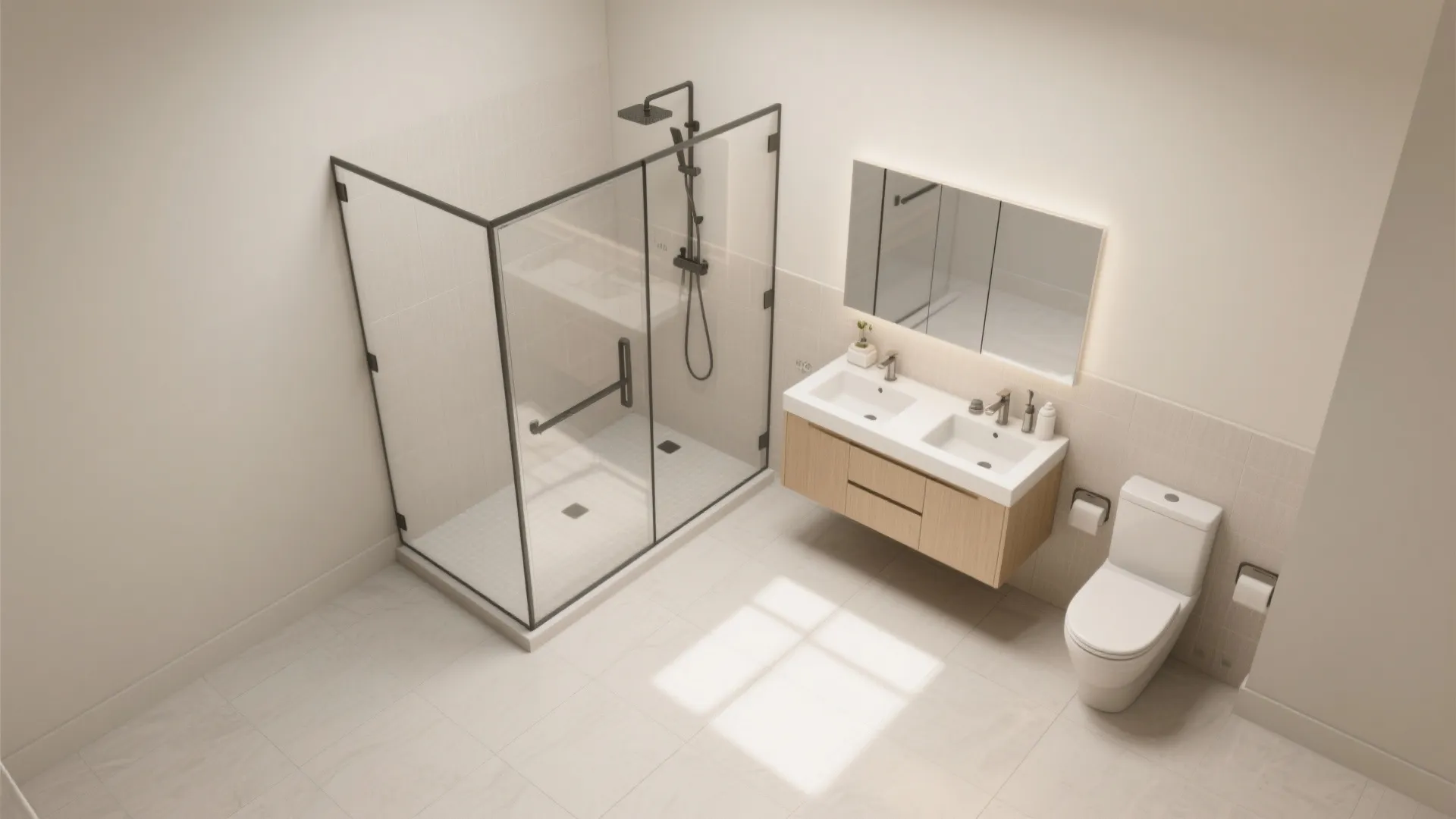 Modern bathroom layout with double sink wood cabinet glass shower area and white tiled floor