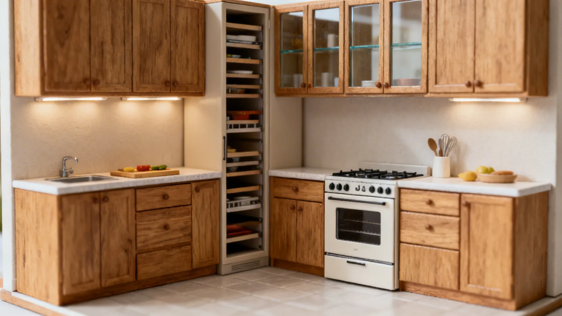 Clear L-shaped 6x6 kitchen vignette with task lights, slim appliances, and a pull-out pantry.