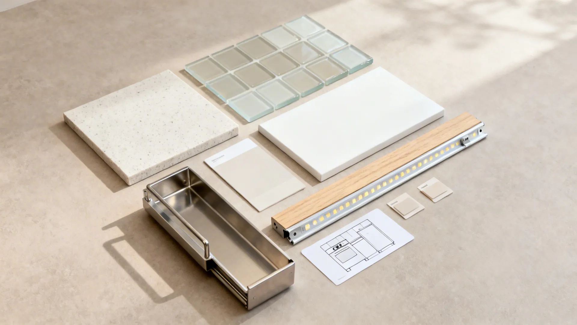 Flat lay of quartz, back-painted glass, matte white lacquer, light oak, LED strip, and hardware for a 6x6 kitchen.