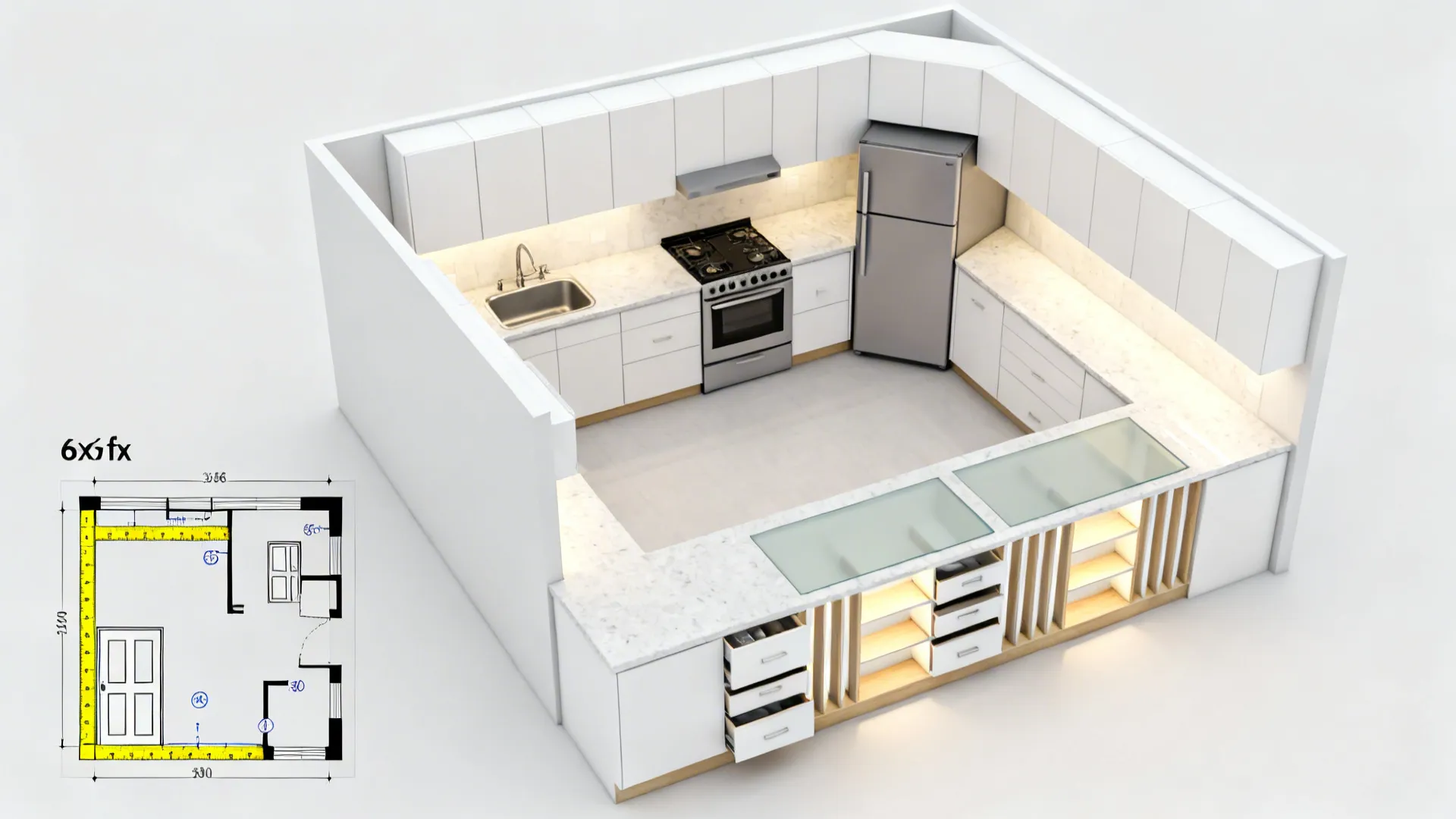 Top-down storyboard showing measuring, triangle placement, prep zone, storage inserts, and lighting layers.