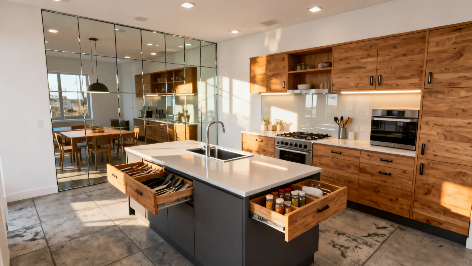 Compact kitchen combining minimalist storage, glass backsplash, L-shape, warm wood, and layered lighting.