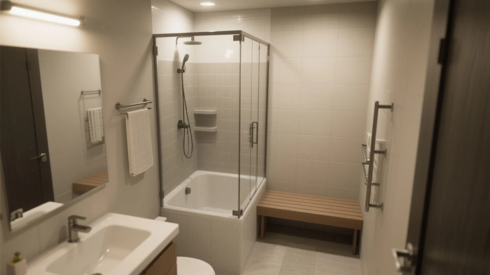Modern small bathroom with glass shower over white tub wooden bench and white sink vanity