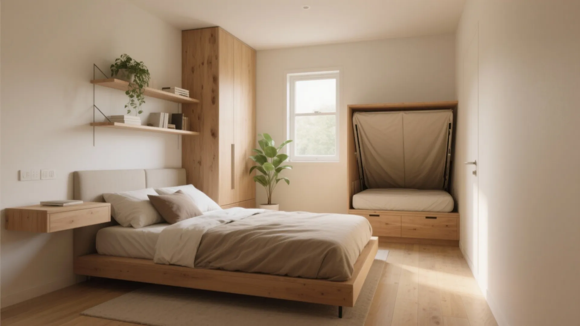 Minimalist wooden bedroom with double bed plus a wall bed and shelves for storage space