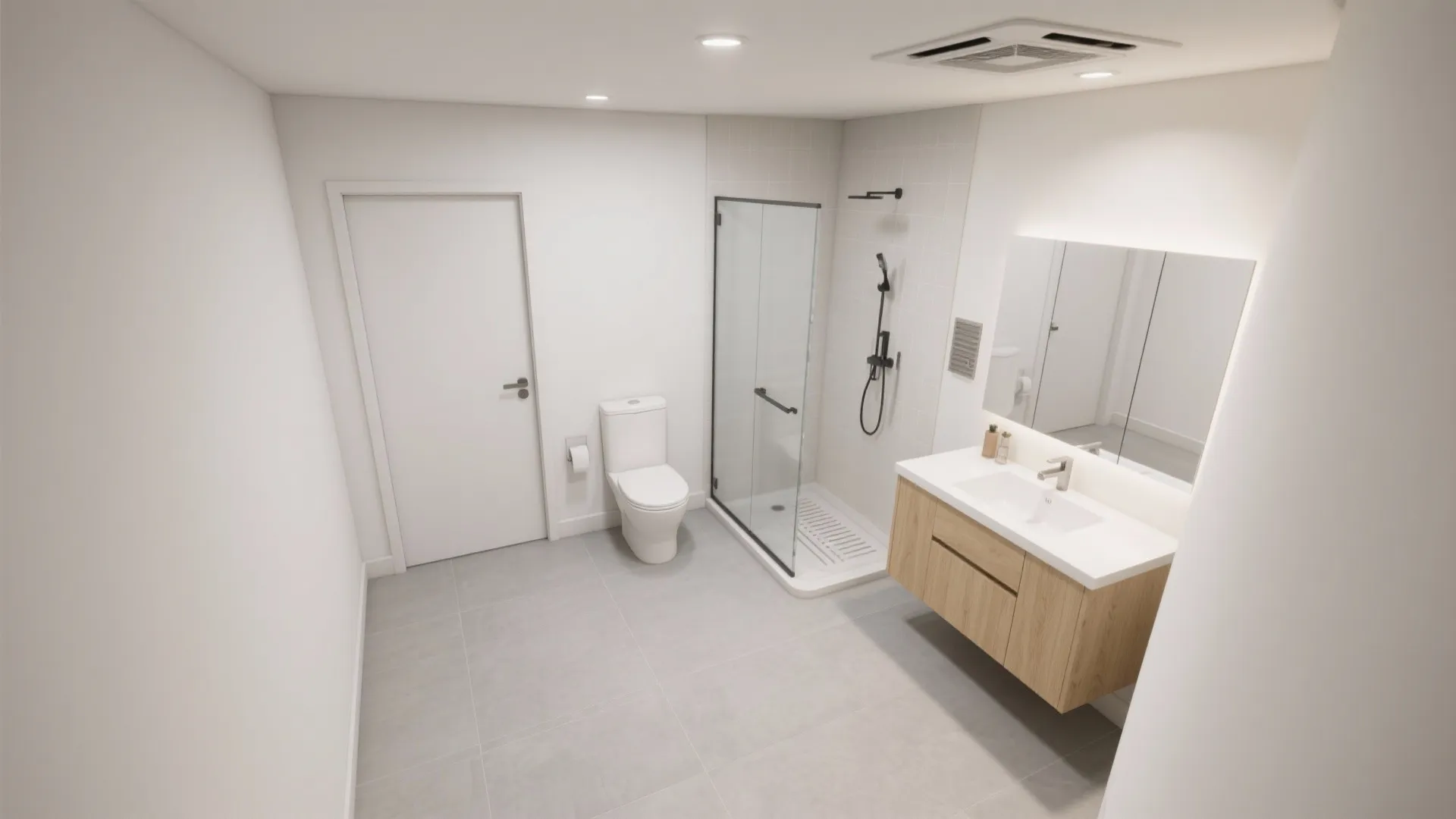 Modern white bathroom interior design with glass shower cabinet toilet wood vanity and grey floor tiles
