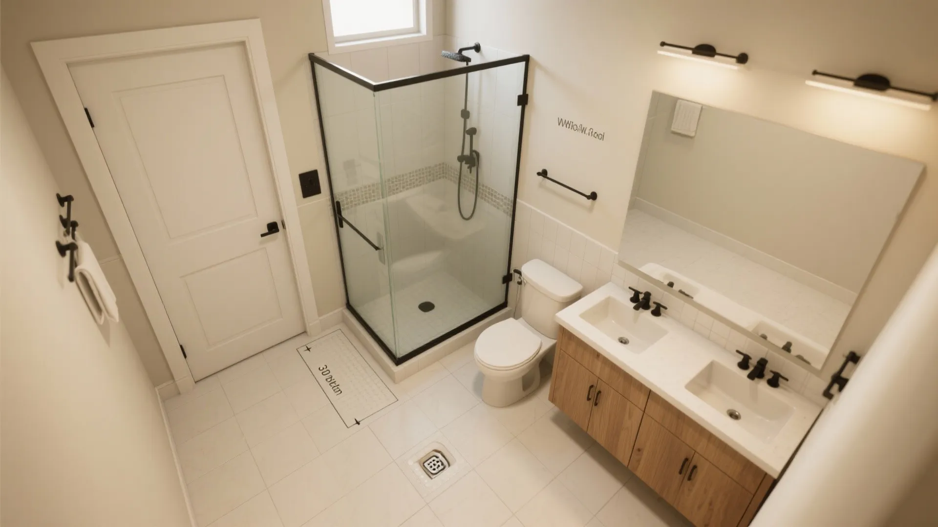 Modern bathroom interior design drawing with glass shower toilet double sink cabinet and white floor