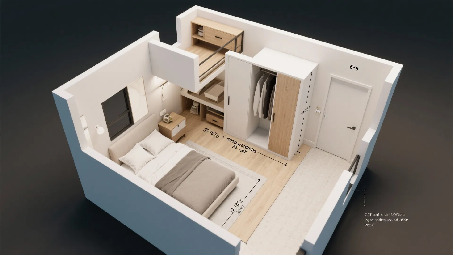 Modern bedroom interior design drawing with small bed wardrobe white walls and wooden floor layout