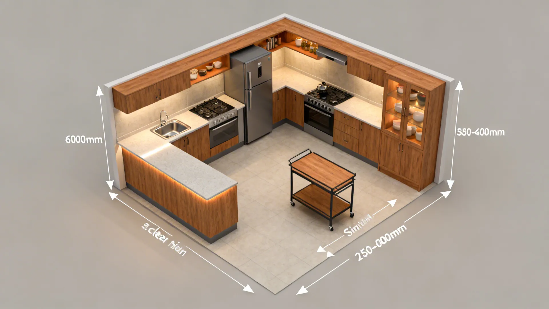 Top-down view comparing L-shaped and one-wall 6x8 kitchen layouts with clear aisles.
