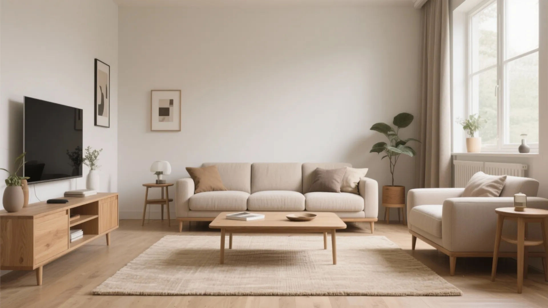 Bright minimalist living room featuring a beige rug sofa wooden coffee table and indoor plant