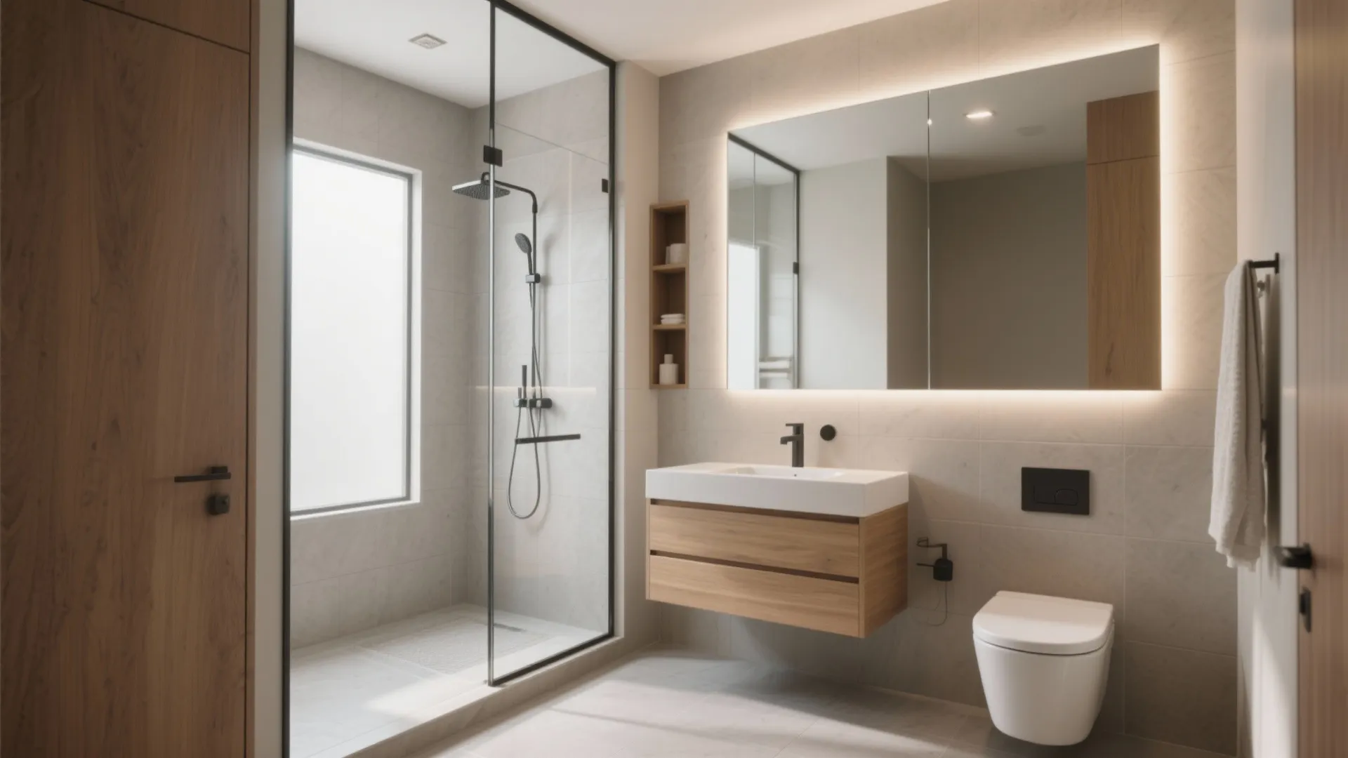Contemporary bathroom layout with glass shower door wooden sink cabinet large lighted mirror and white toilet