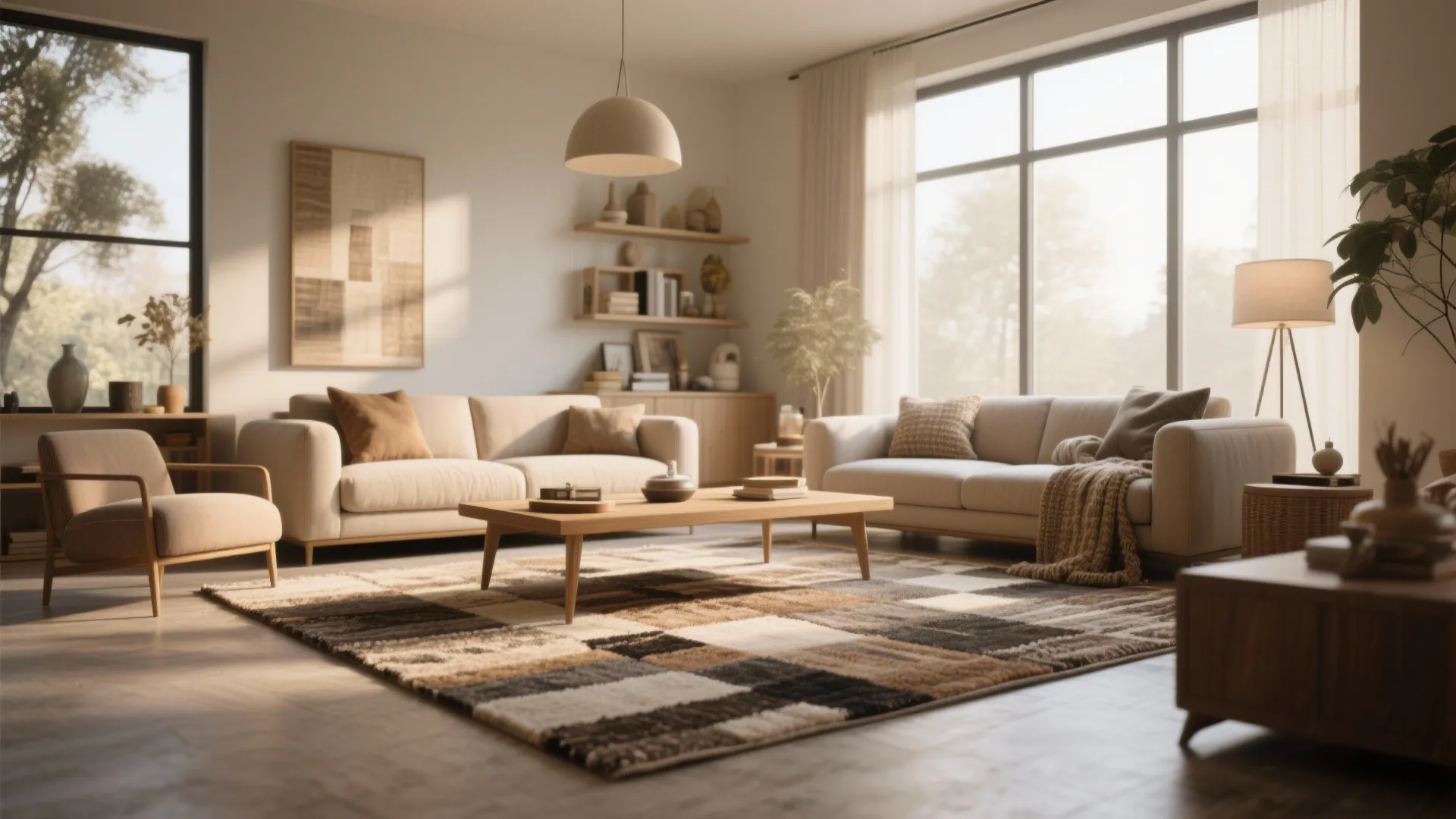 Modern warm living room with patterned rug beige sofa wooden coffee table and natural light