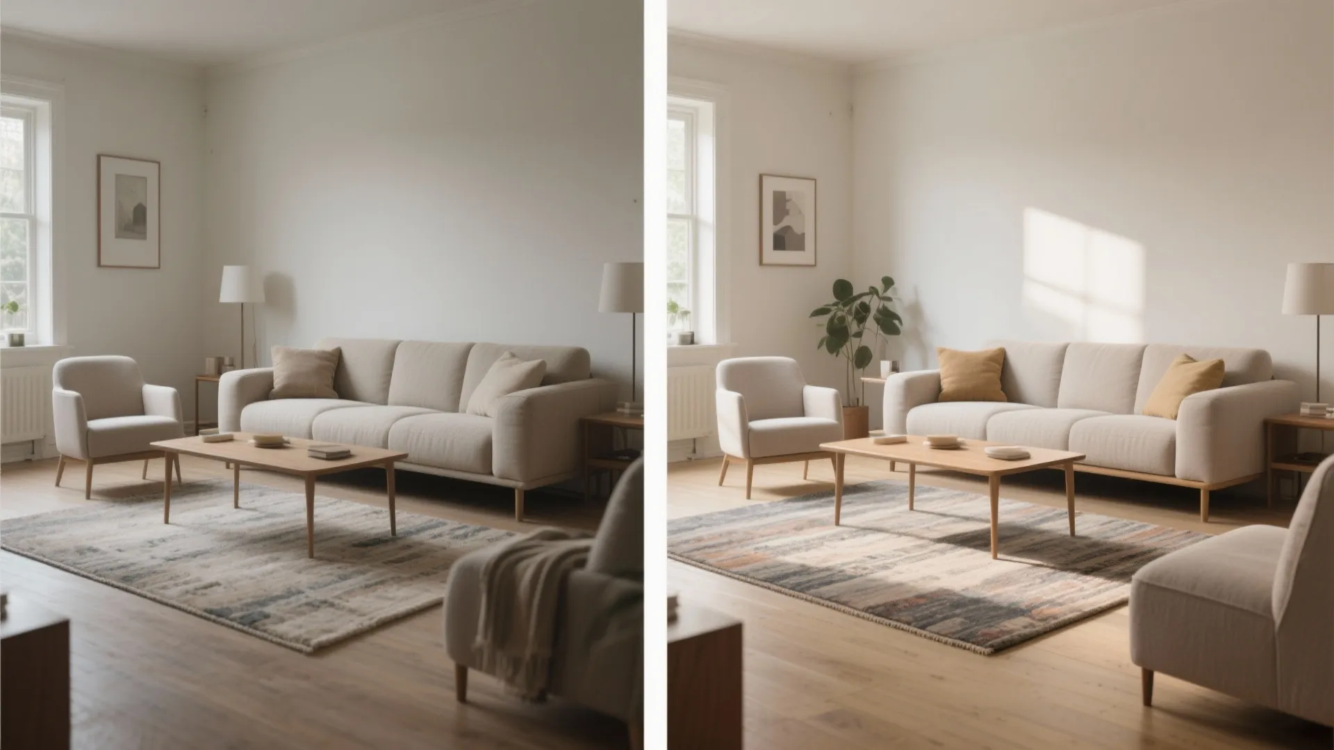 Before-and-after view showing a small living room unified by switching to a 6x9 rug.