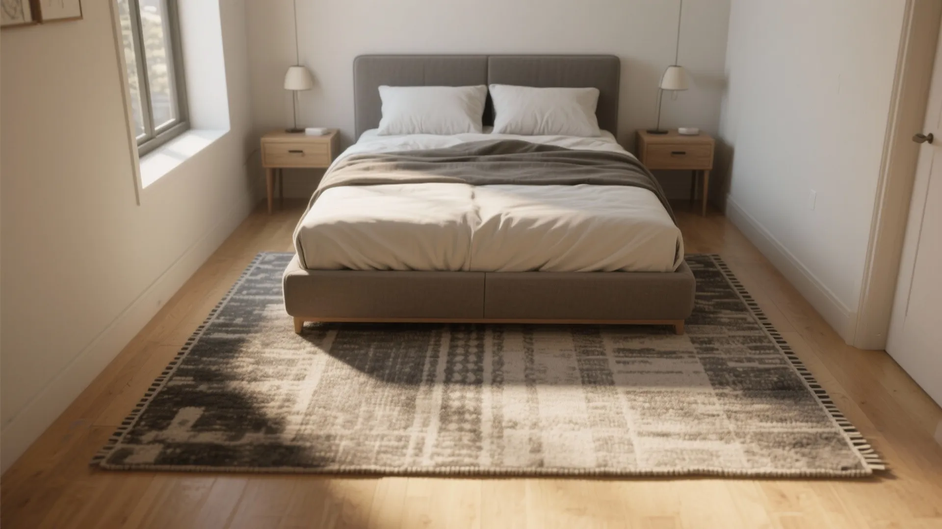 Bright minimalist bedroom interior with light wood flooring a grey bed and a patterned floor rug