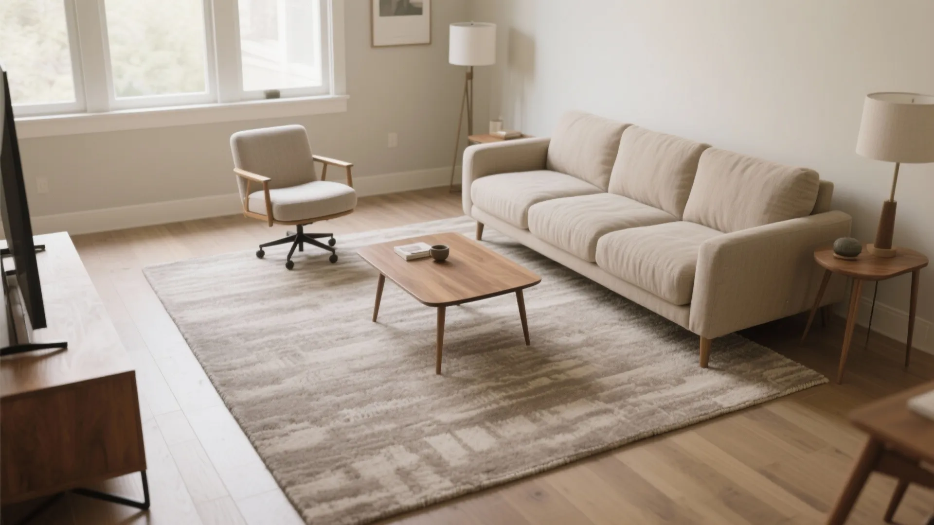 A 6x9 rug connects sofa and chairs with front legs on, creating a cohesive seating area.