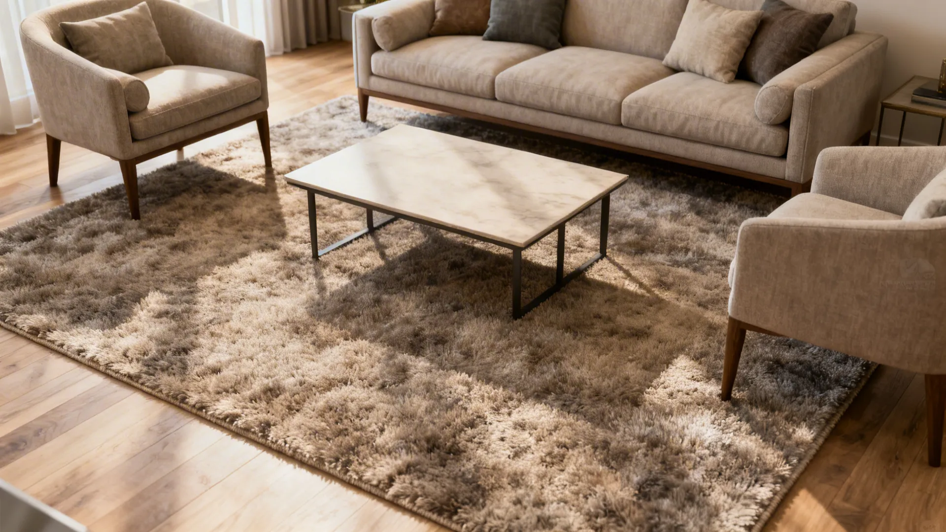 Large brown fuzzy rug under marble coffee table with beige sofas on light wood floor