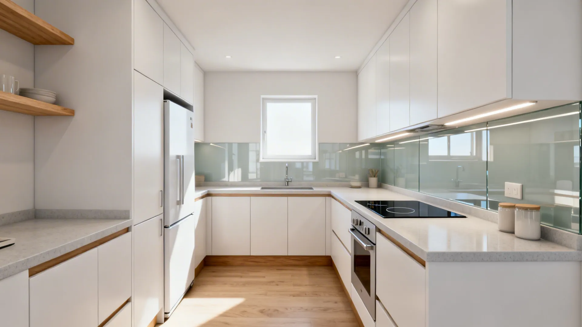 Bright kitchen interior with white cabinets and glass wall panels under warm light fixture glow