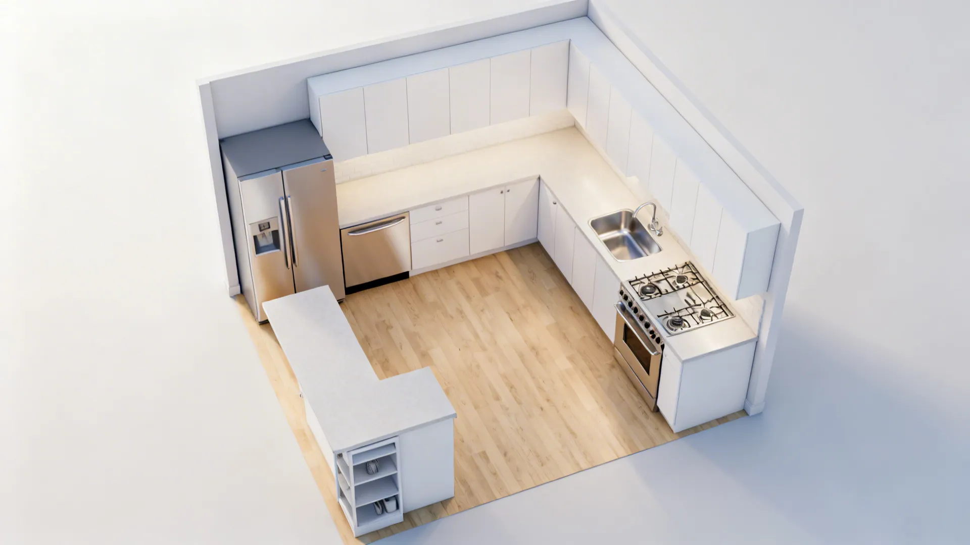 Top down interior design drawing of a white kitchen with breakfast bar and wood floor