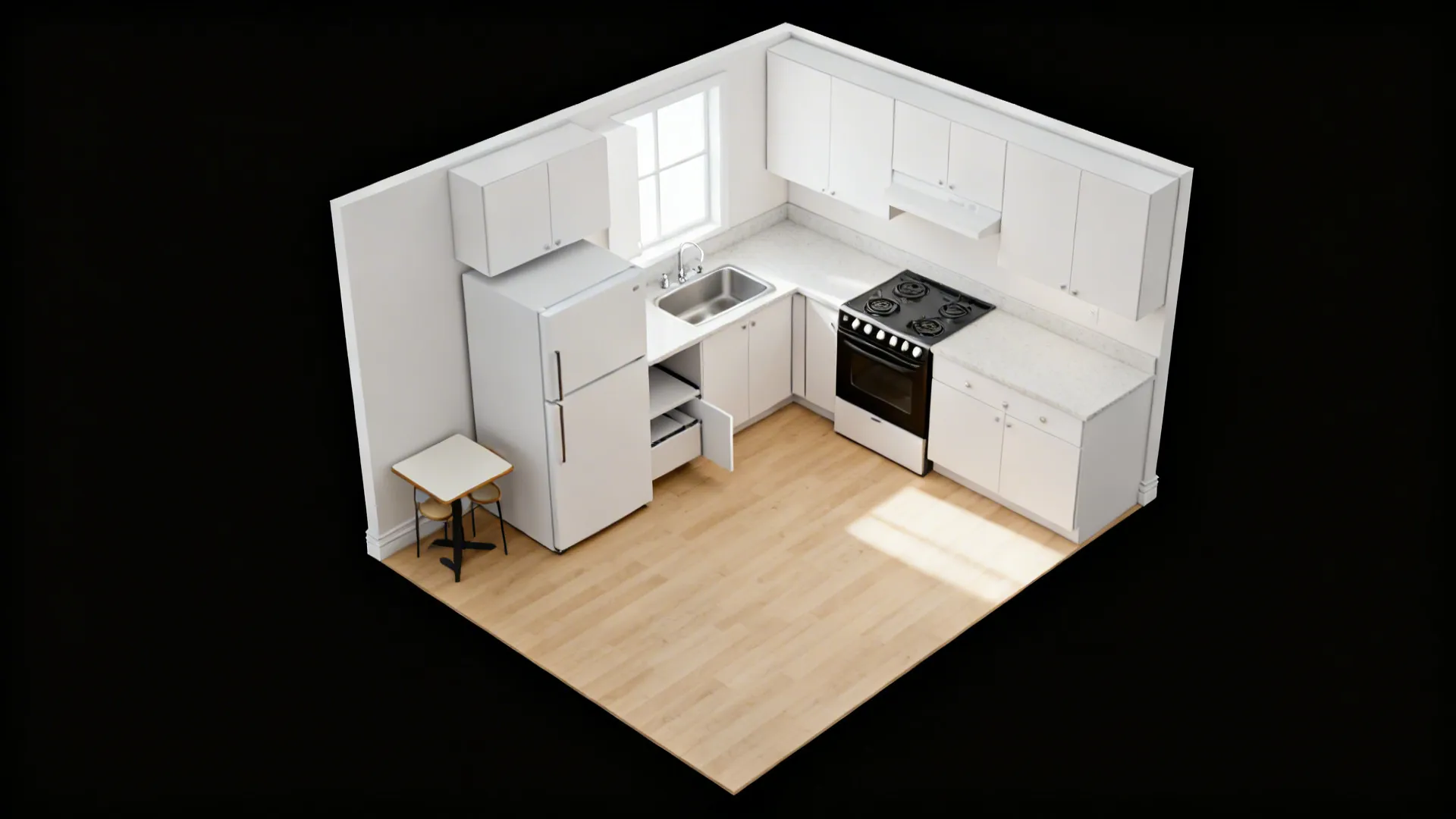 Small L-shaped white kitchen interior design drawing with fridge stove sink and light wood floor