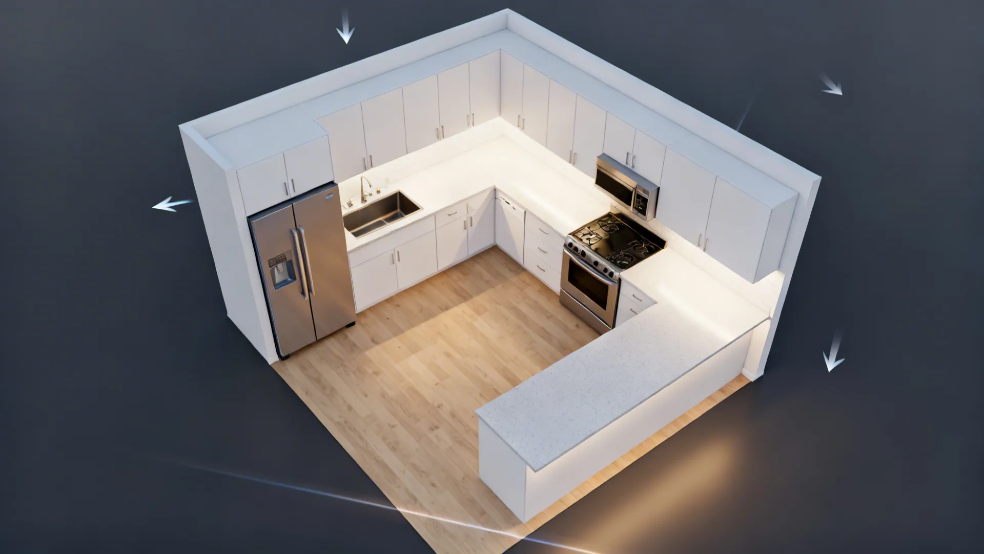 Modern white kitchen layout design with wooden floor and stainless steel fridge in top view