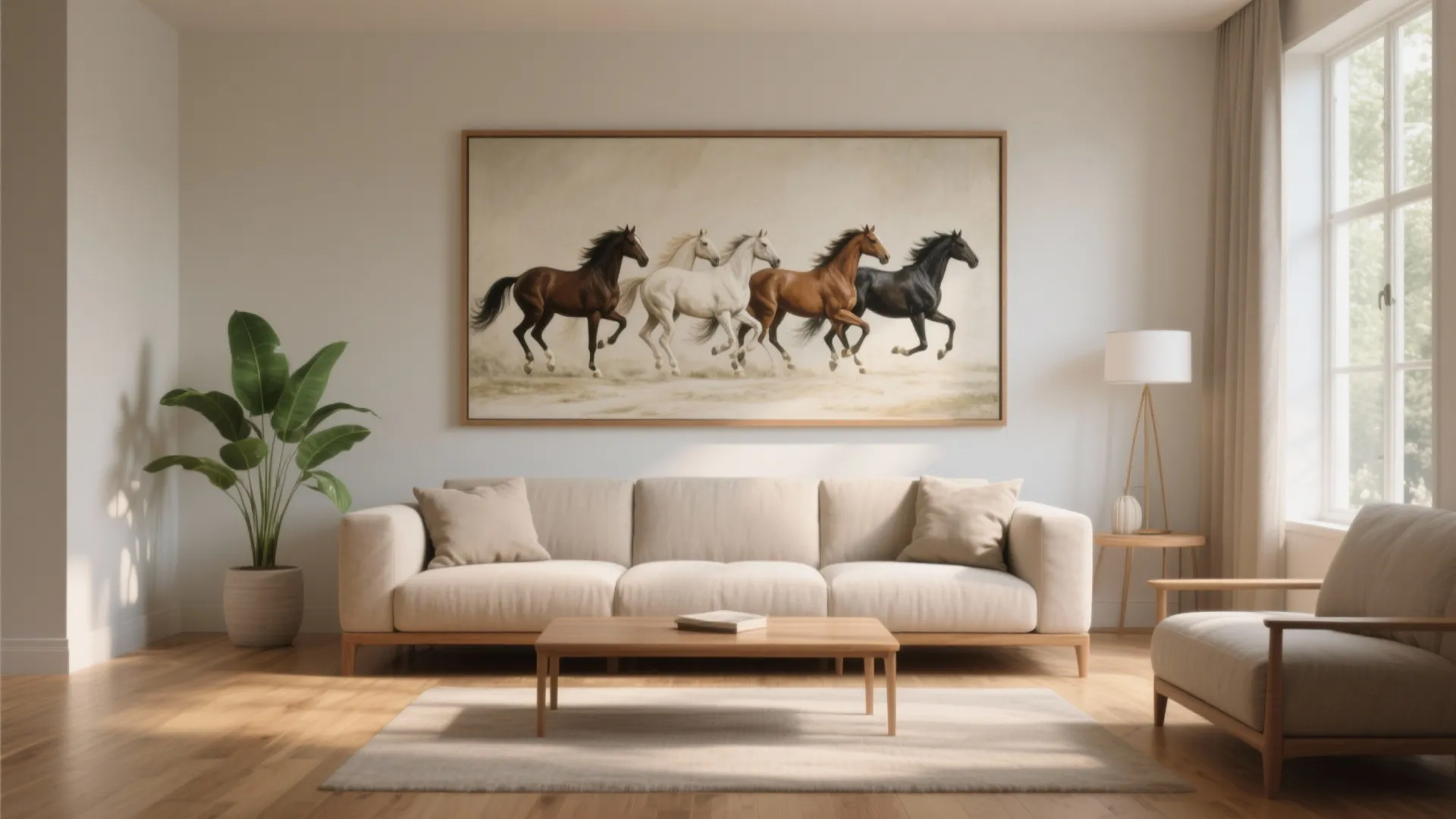 Modern bright living room with white walls beige sofa wooden coffee table and horse wall art