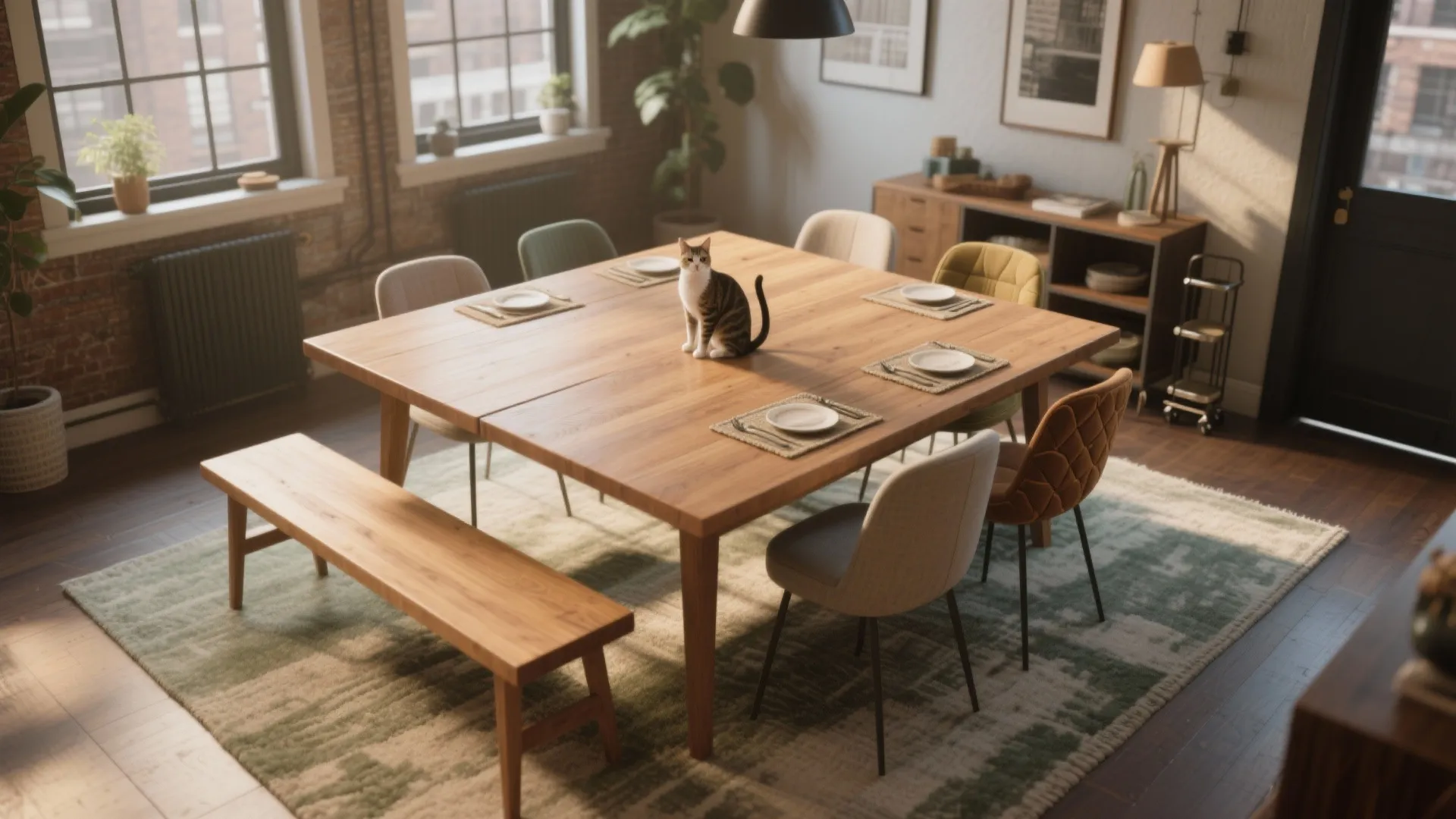 Sunlit dining room with cat sitting on square wooden table and several colorful chairs arranged