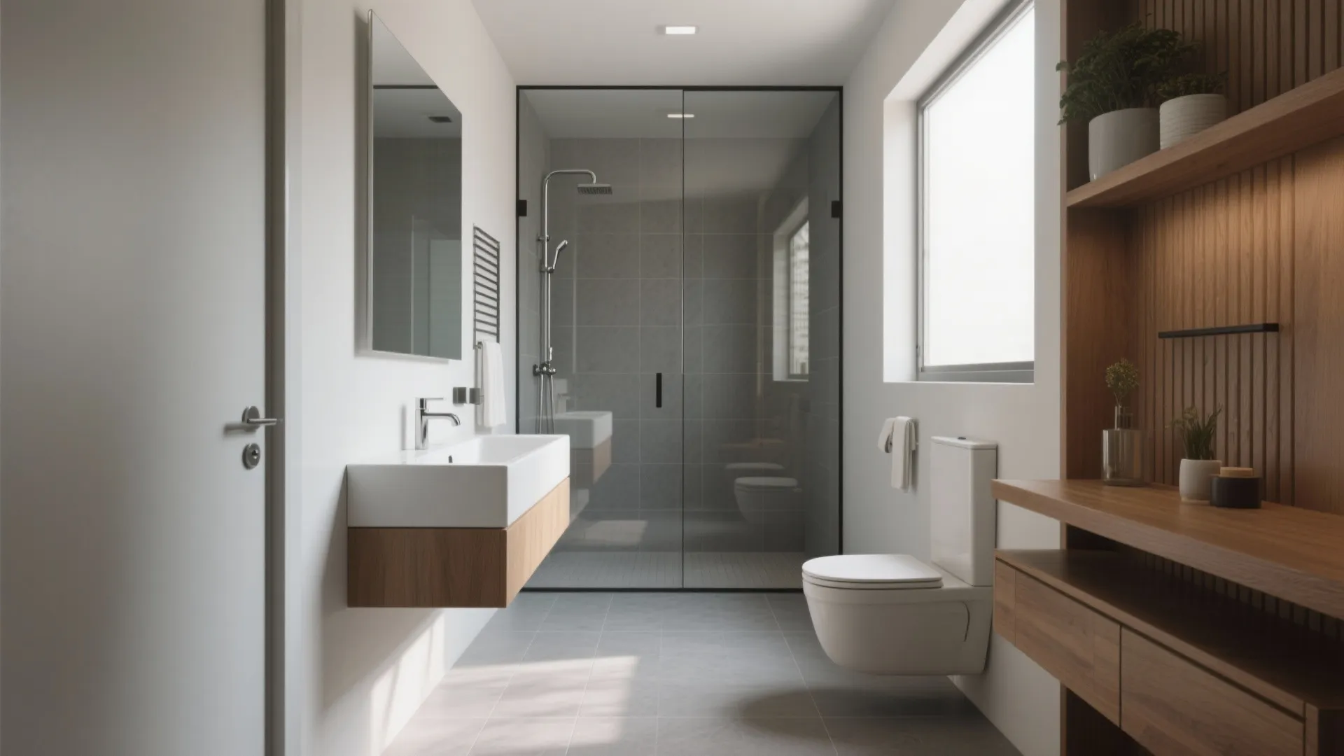 Minimalist bathroom design with floating sink toilet glass shower door wooden shelves and grey floor tiles