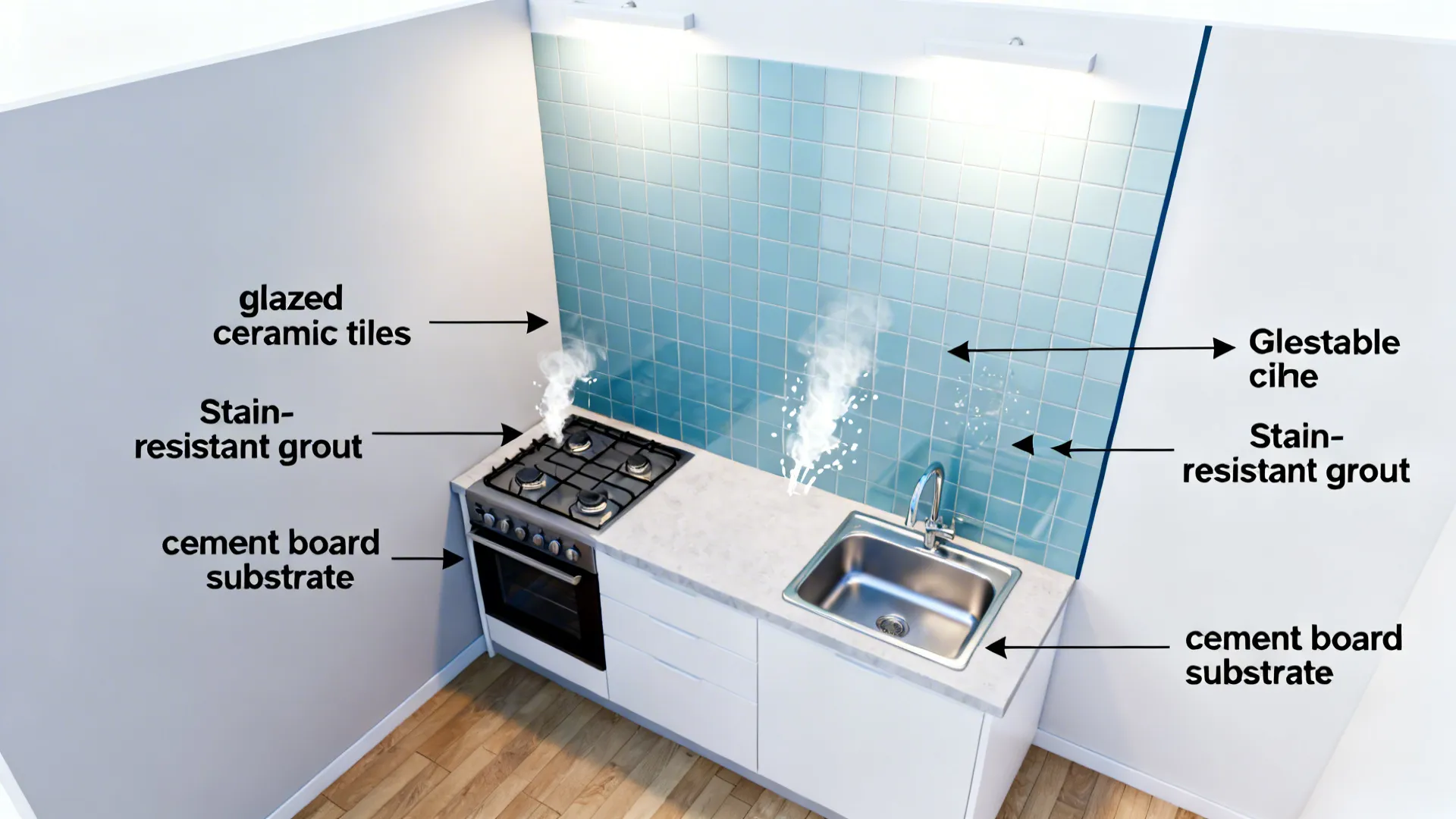 Kitchen layout diagram with blue wall tiles sink stove and text labels for building materials