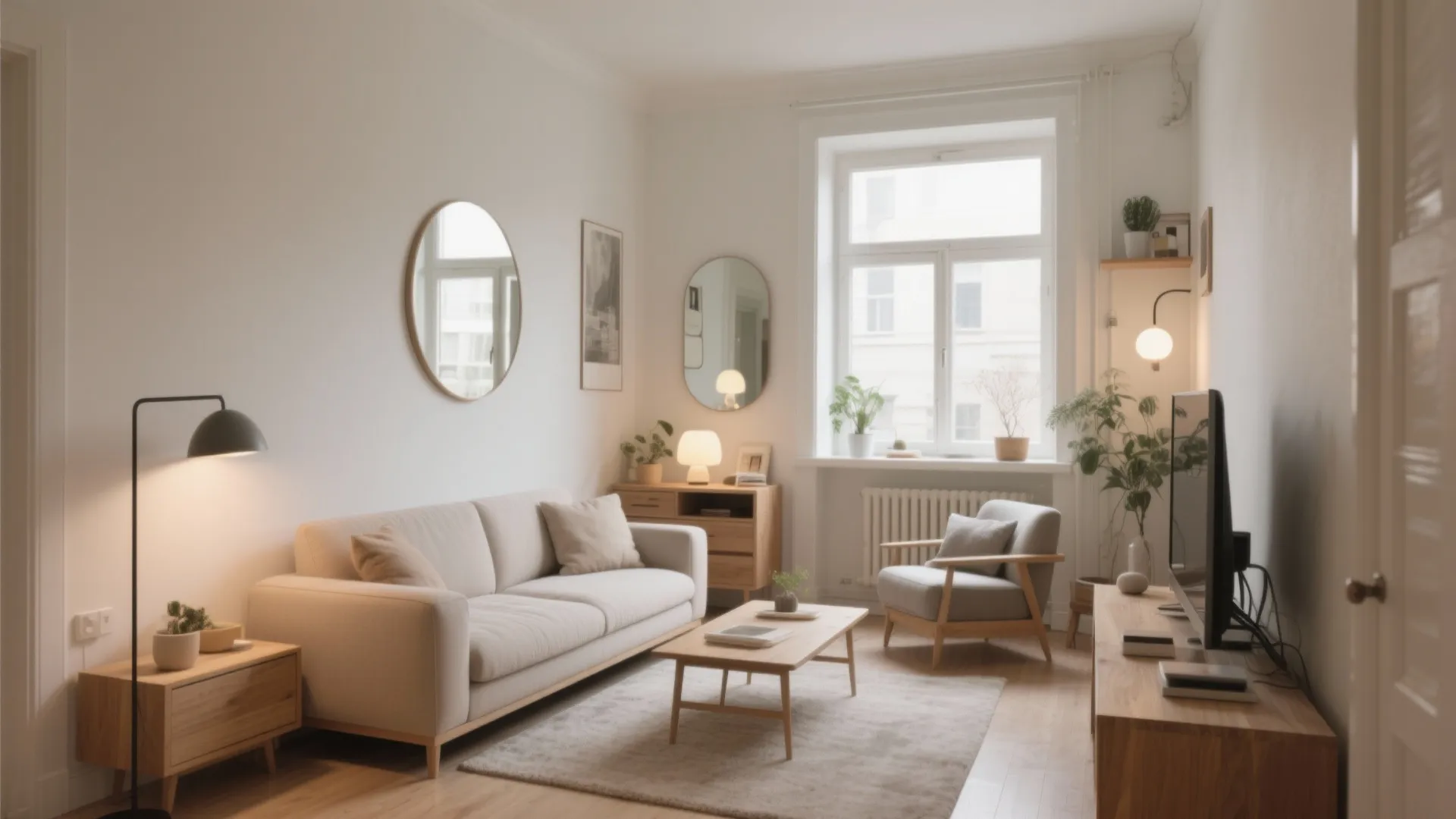 Bright small living room with beige sofa wooden coffee table armchair round mirrors and large window