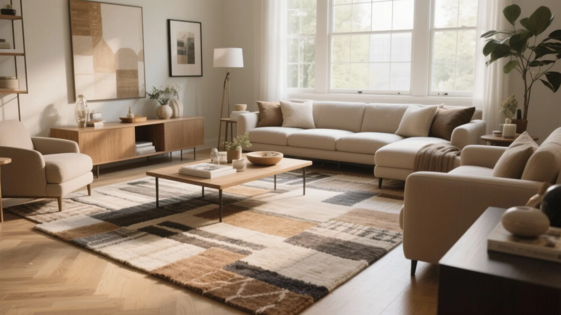 Modern living room with geometric patterned rug cream sofa wood cabinet coffee table and floor lamp