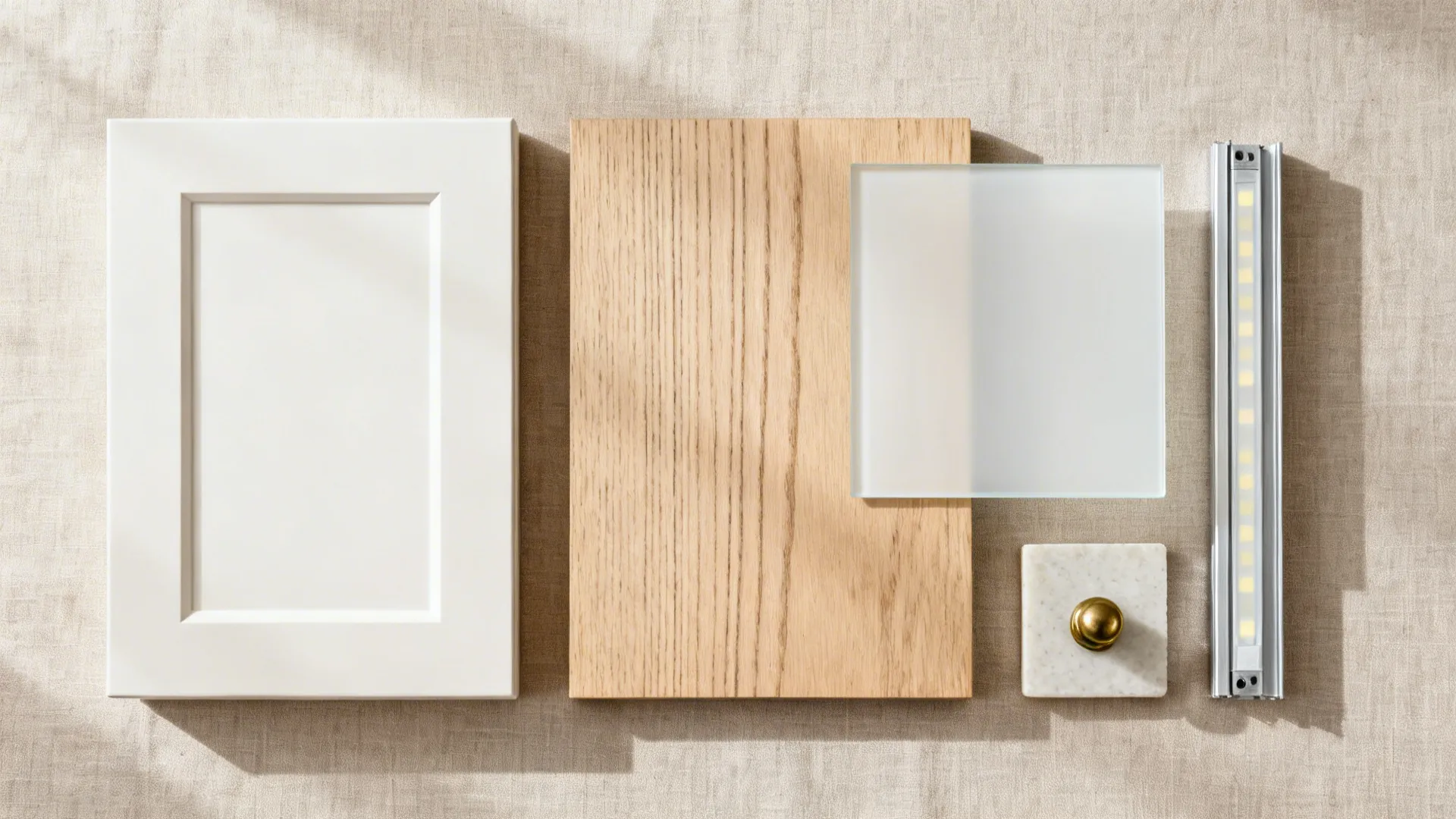 Flat lay of warm white cabinet, glass backsplash, light oak, quartz, brass, and LED channel samples.