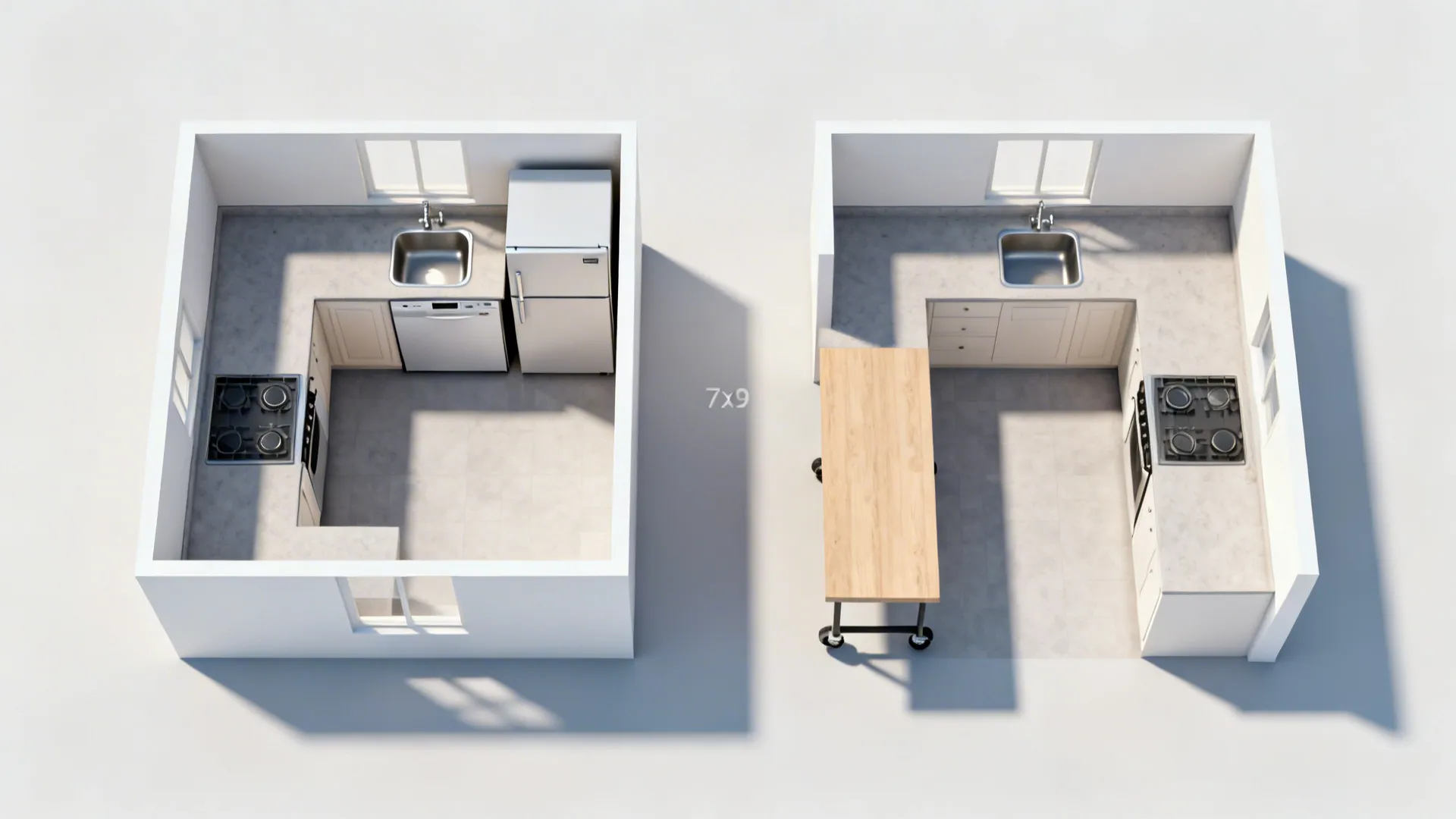Top-down comparison of L-shaped and one-wall 7x9 kitchen layouts with clear aisle space.