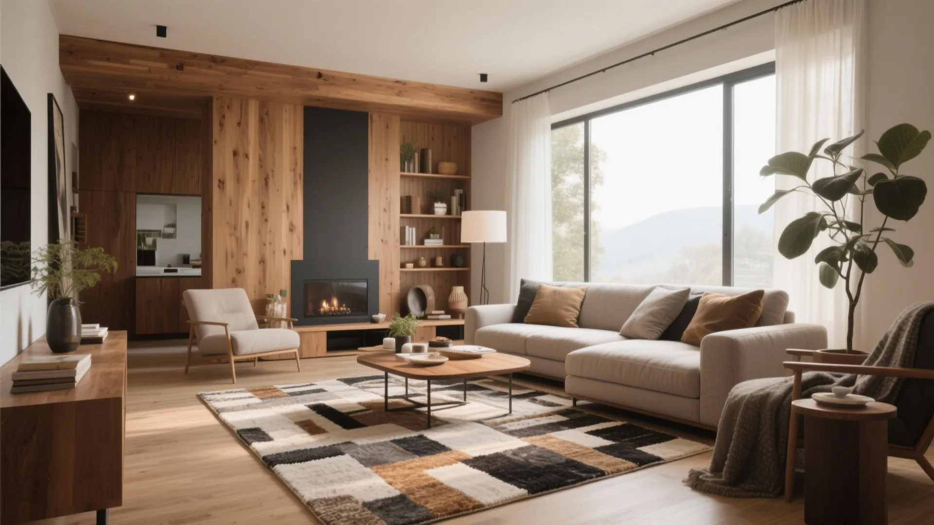 Modern living room featuring wood wall panels fireplace grey sofa pattern rug and large windows