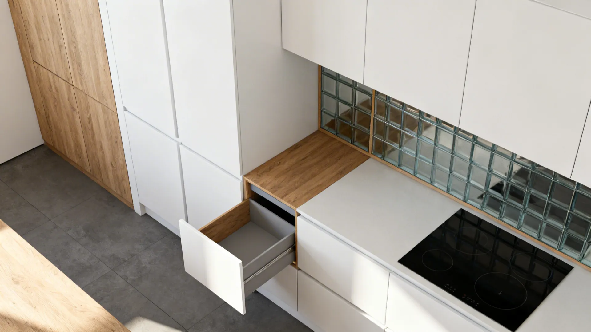 Top-down visualization of a small kitchen showing standard modules with select custom inserts like a pull-out and fillers.