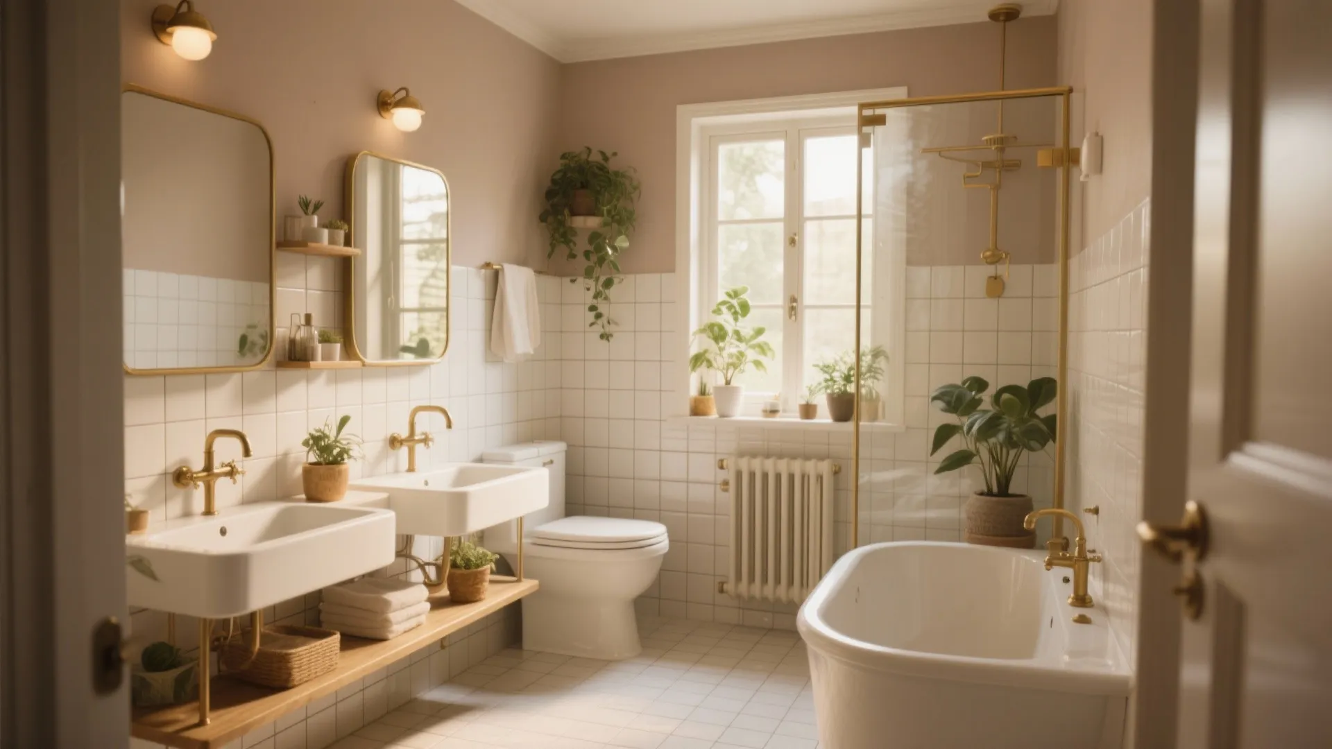 Bright bathroom with double sinks gold fixtures white tiles bathtub and green plants near window
