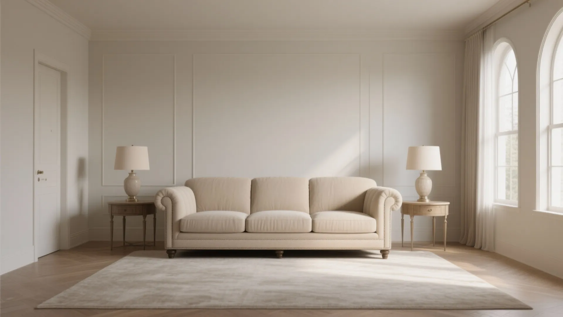 Classic elegant living room with beige sofa two side tables wall panel and arched windows