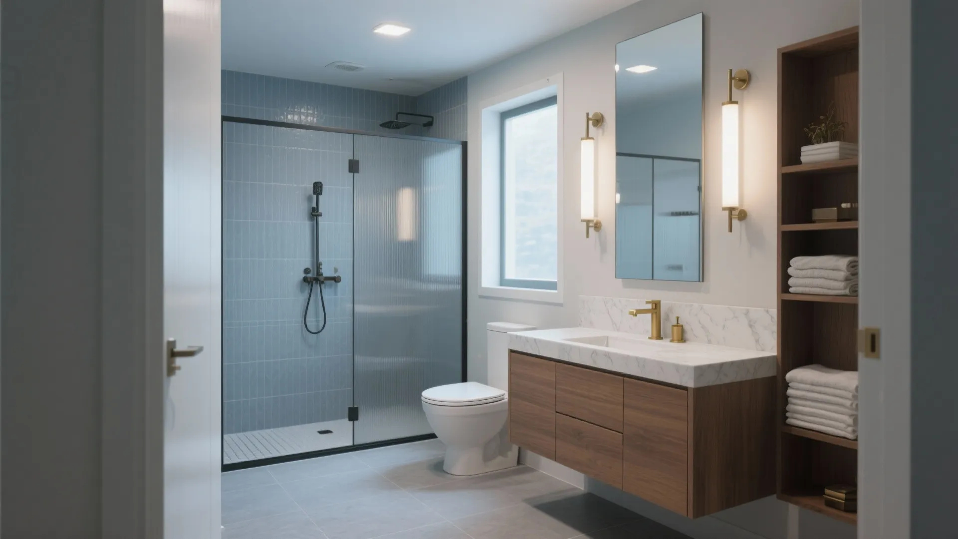 Modern bathroom with blue tiled shower, glass door, wooden cabinet, marble top, and wall lights
