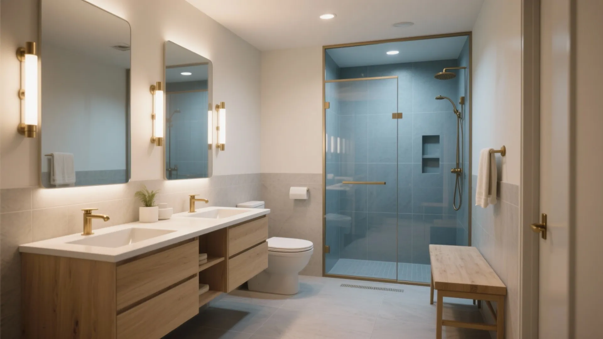 Modern bathroom with wooden double vanity gold wall lights glass shower and blue tiled walls