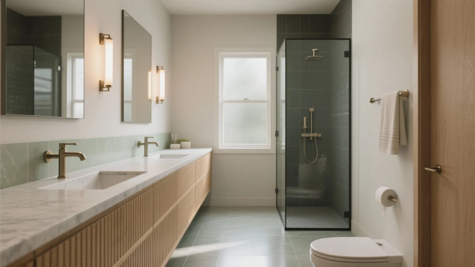 Modern bathroom with double sink wood cabinet wall light glass shower room and white toilet