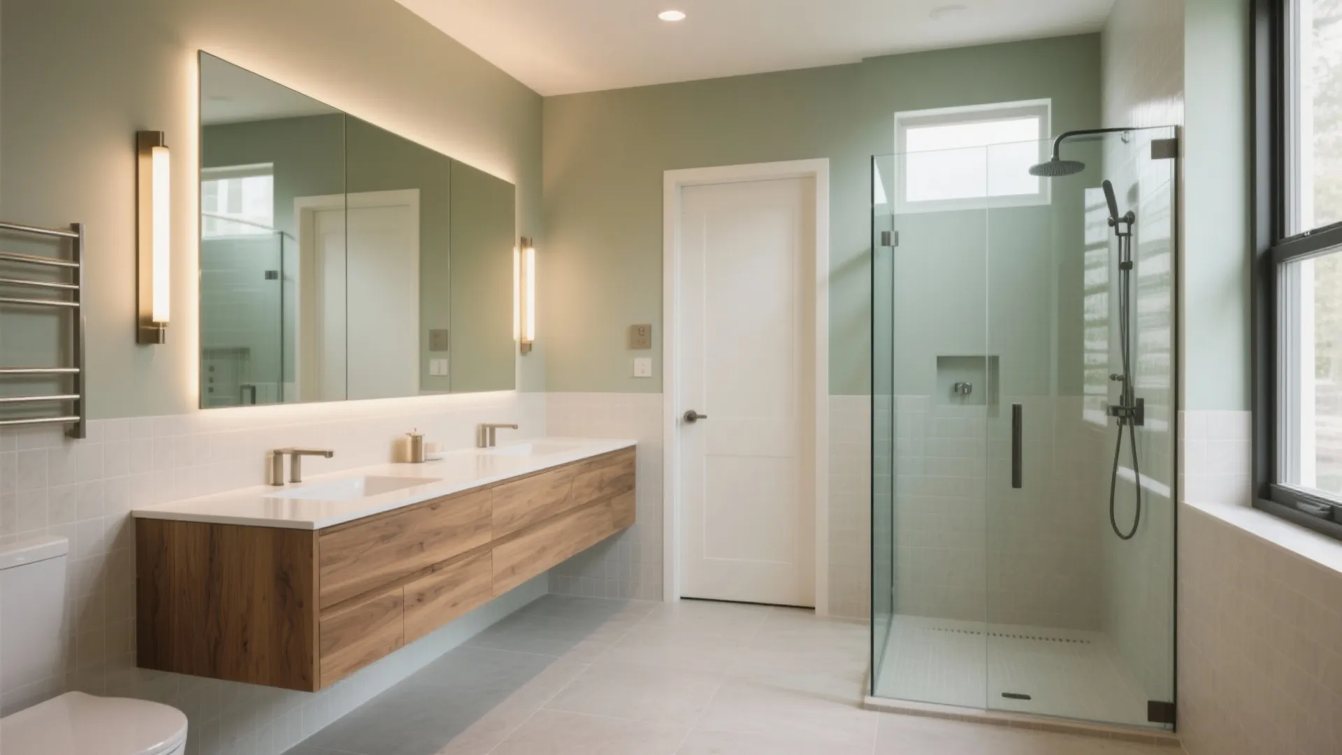 Modern bathroom with green walls wooden floating vanity double sinks large mirrors and glass shower