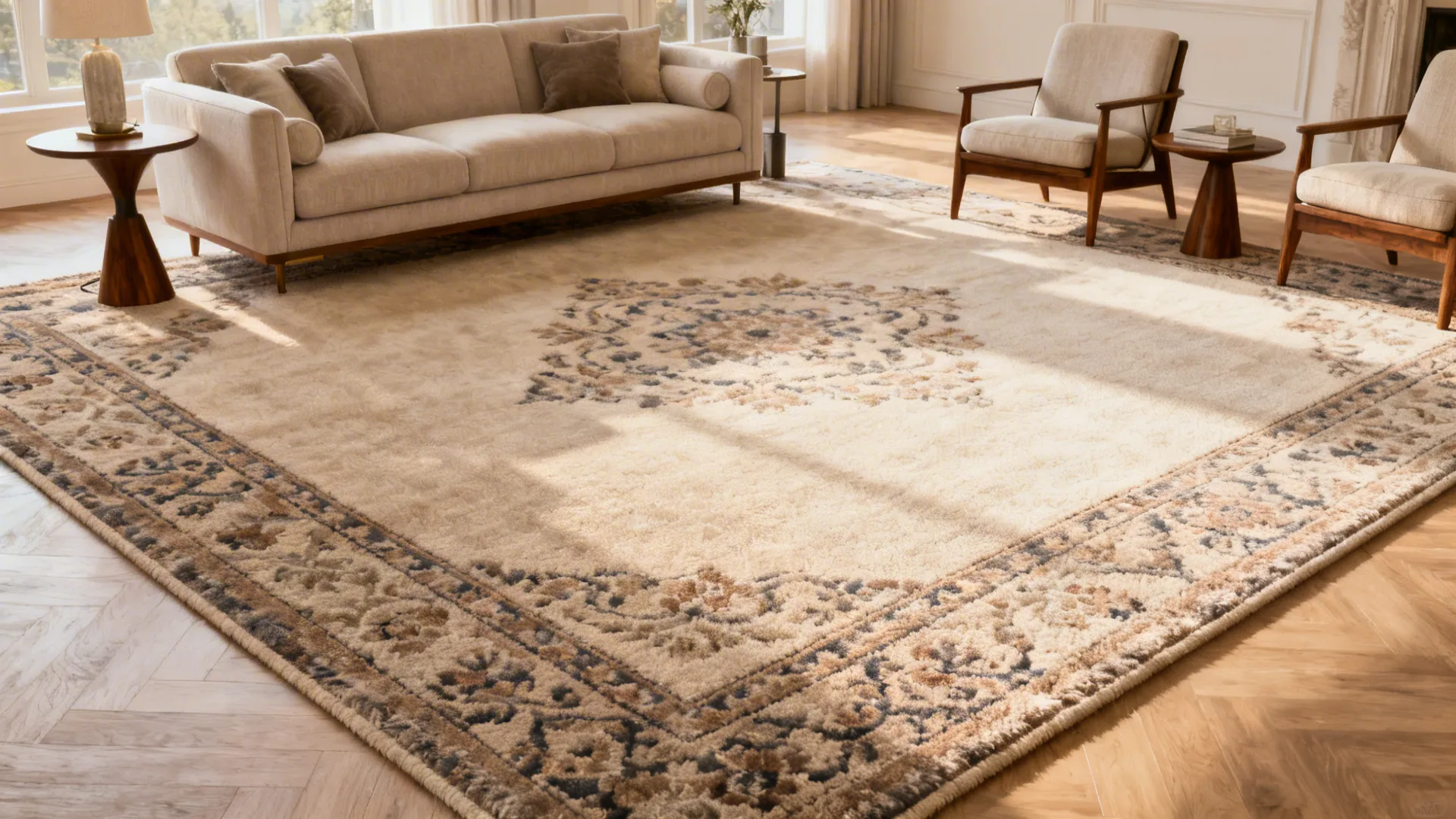Spacious living room with an 8x10 rug providing ample border and cohesive furniture placement.