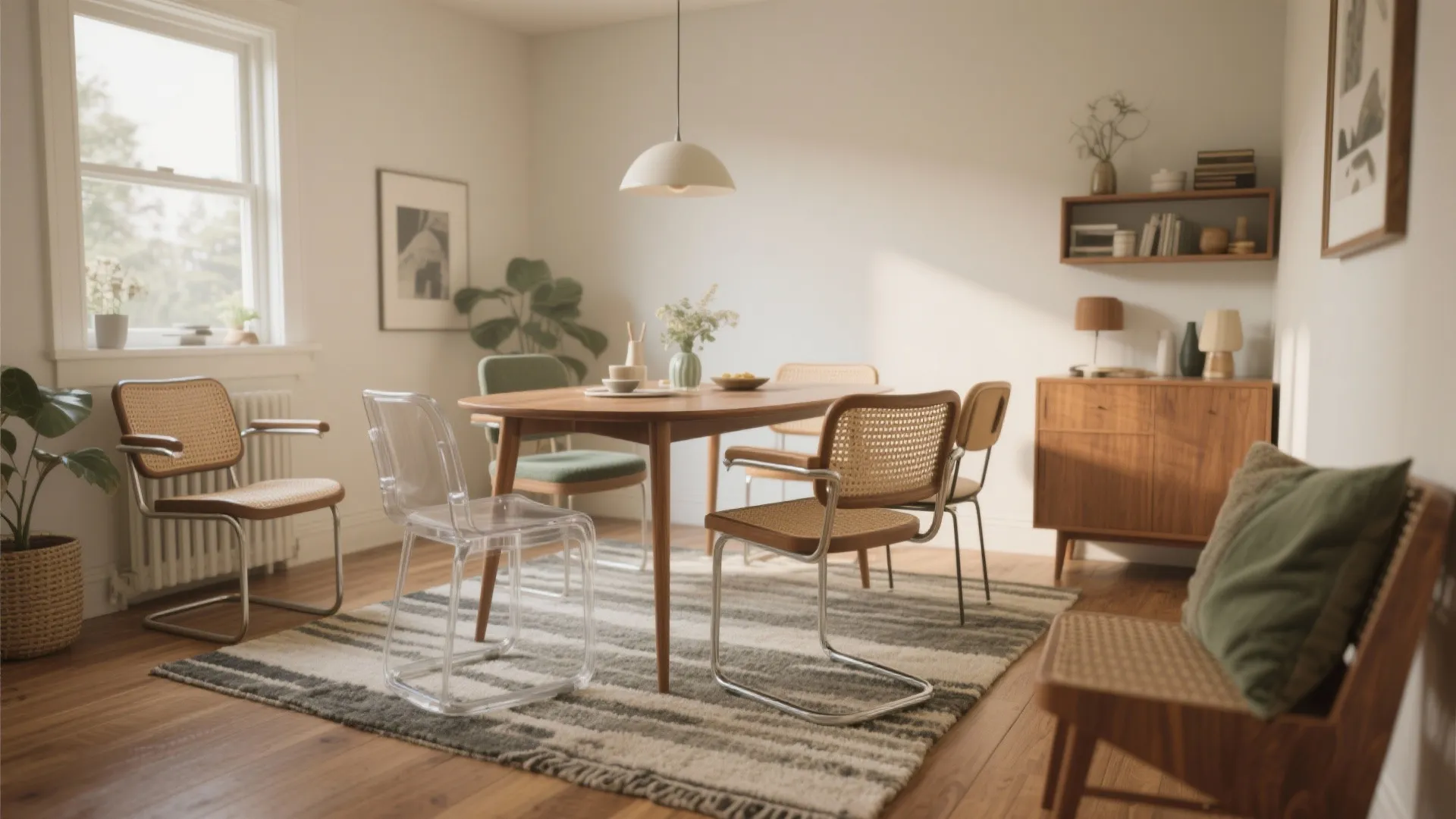 Bright dining area with wooden table mixed chairs striped rug white walls and ceiling light