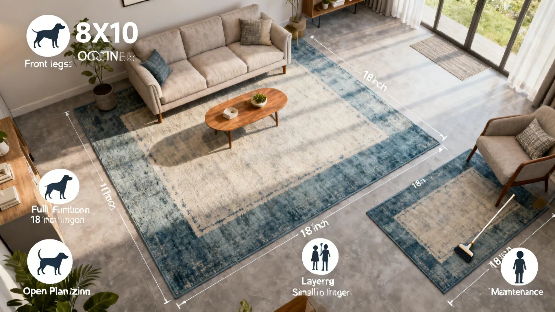 Top-down infographic of 8x10 rug placement options with measurement guides and icons
