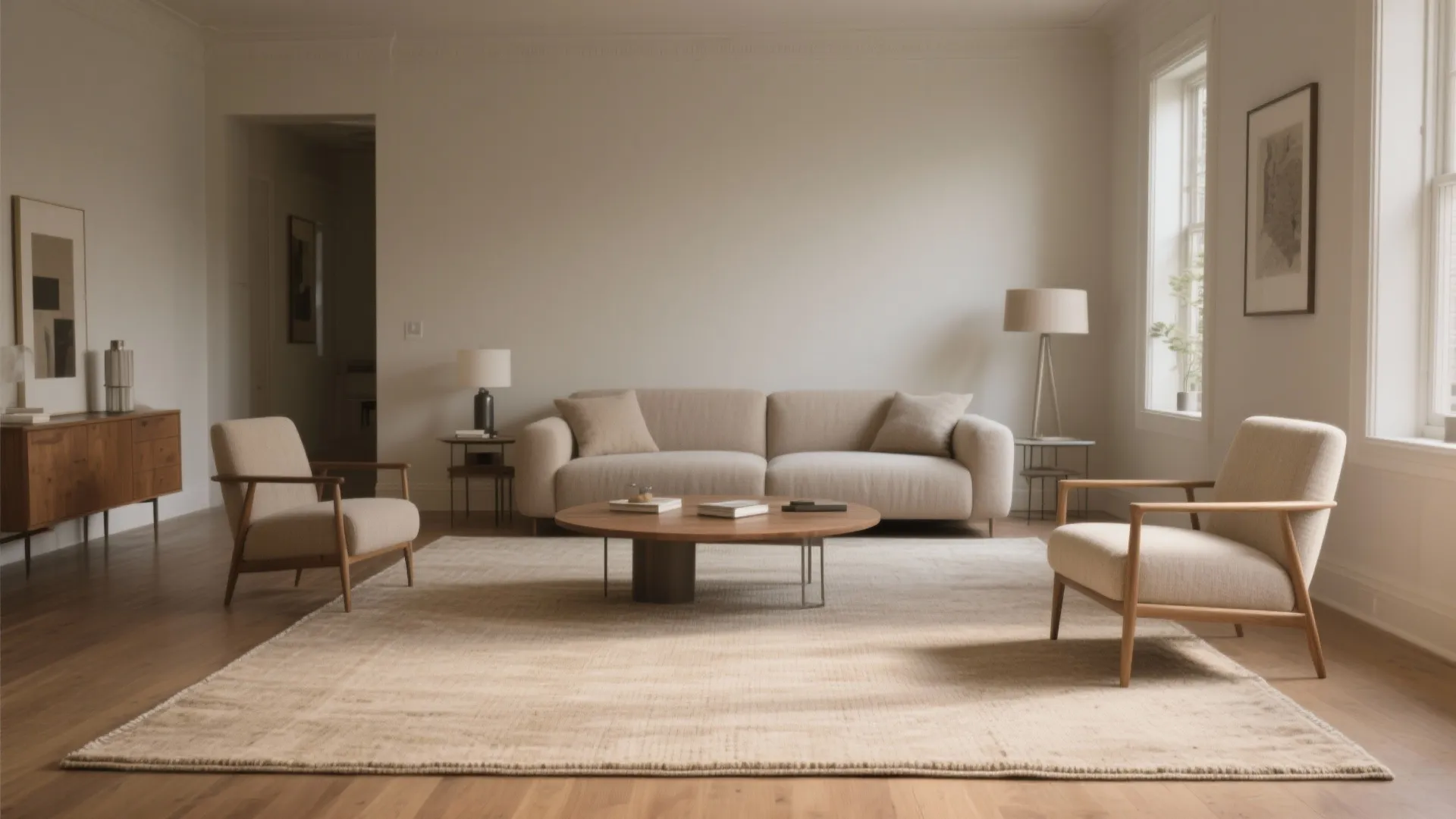 An 8x10 rug with a slim border creates a near wall-to-wall luxury feel in a small living room.