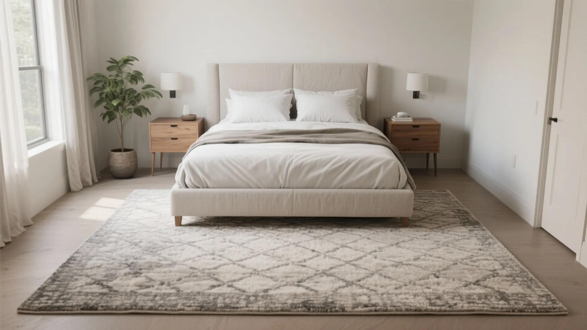 Clean bedroom interior showing white bedding plus diamond pattern rug and small green potted plant
